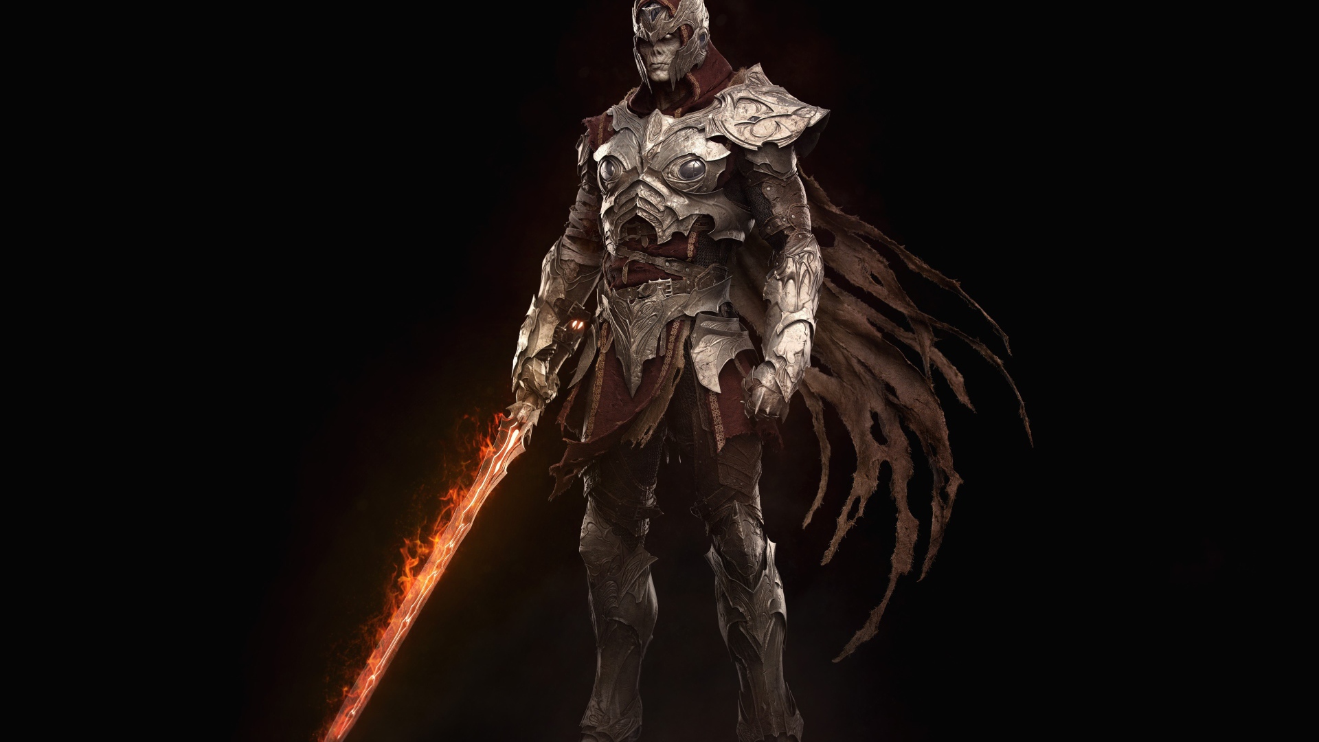 Воин в железных доспехах с огненным мечом в руке