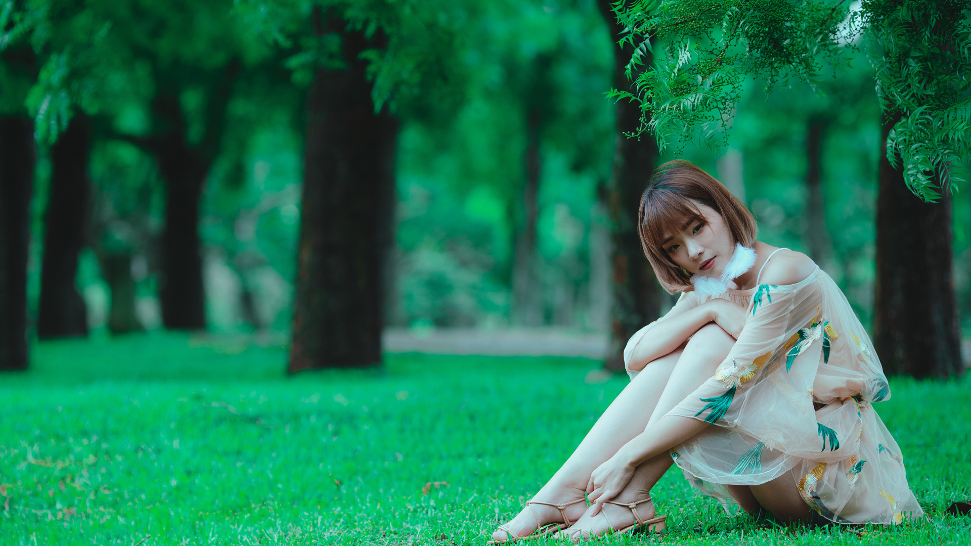 Красивая девушка азиатка сидит на зеленой траве в парке 