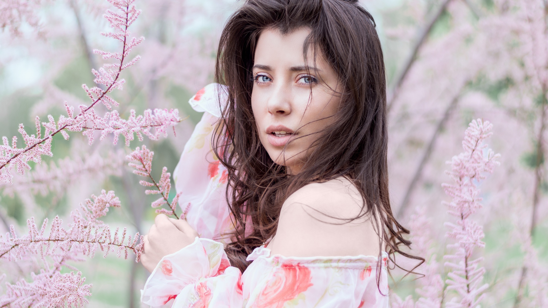 Красивая голубоглазая девушка в розовых зарослях 