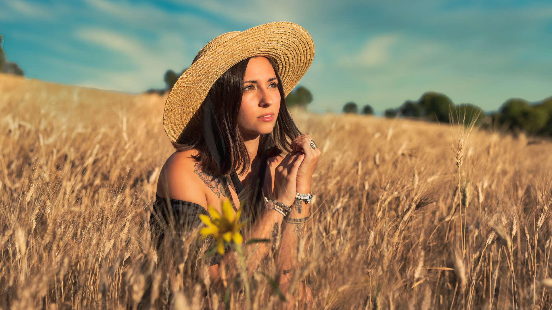 Красивая девушка в шляпе сидит на поле с пшеницей
