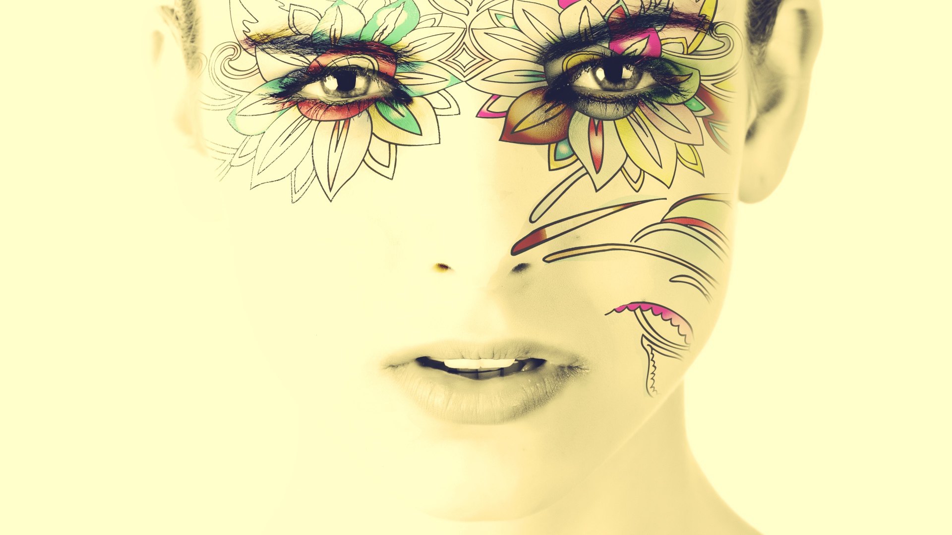 Рисунок на лице у девушки на белом фоне