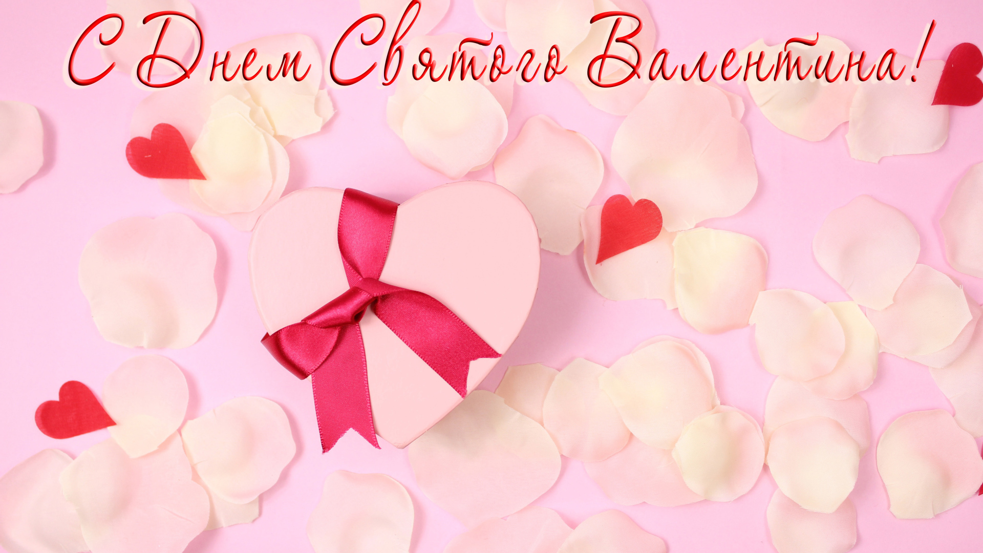 Подарок и лепестки розовой розы открытка С Днем Святого Валентина