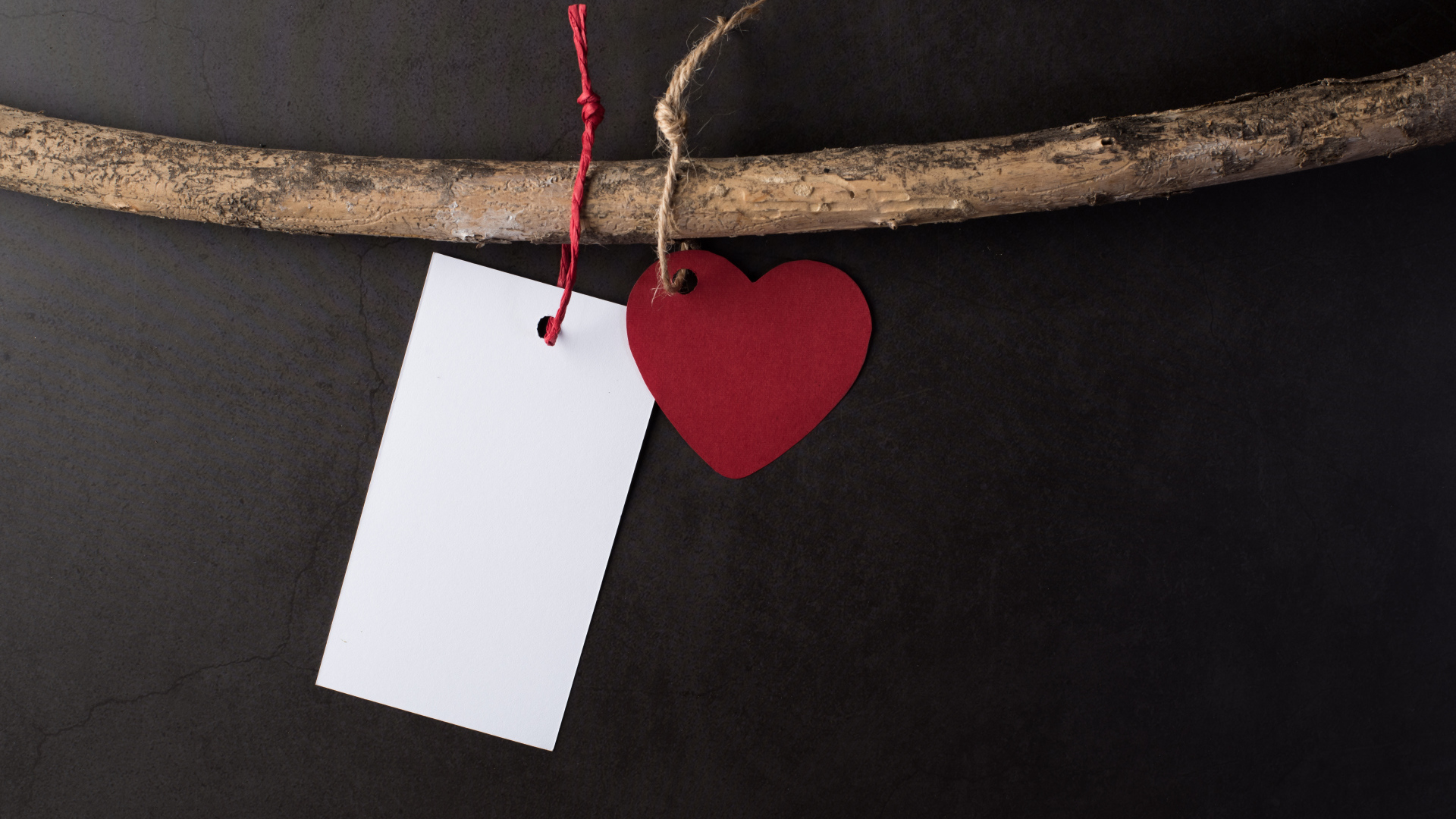 Красное сердечко и белый лист бумаги на ветке 