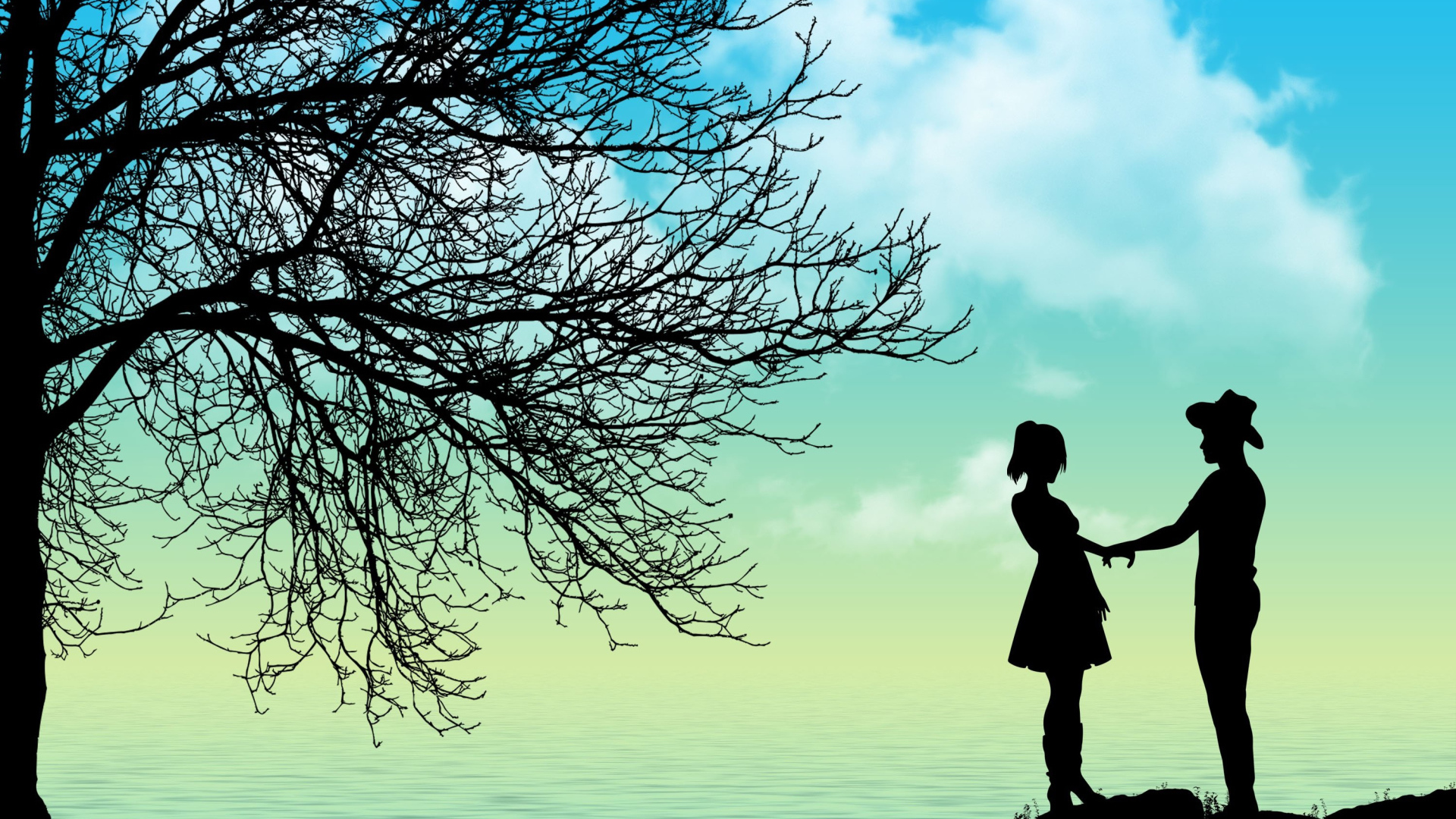 Силуэт влюбленной пары у дерева на берегу моря