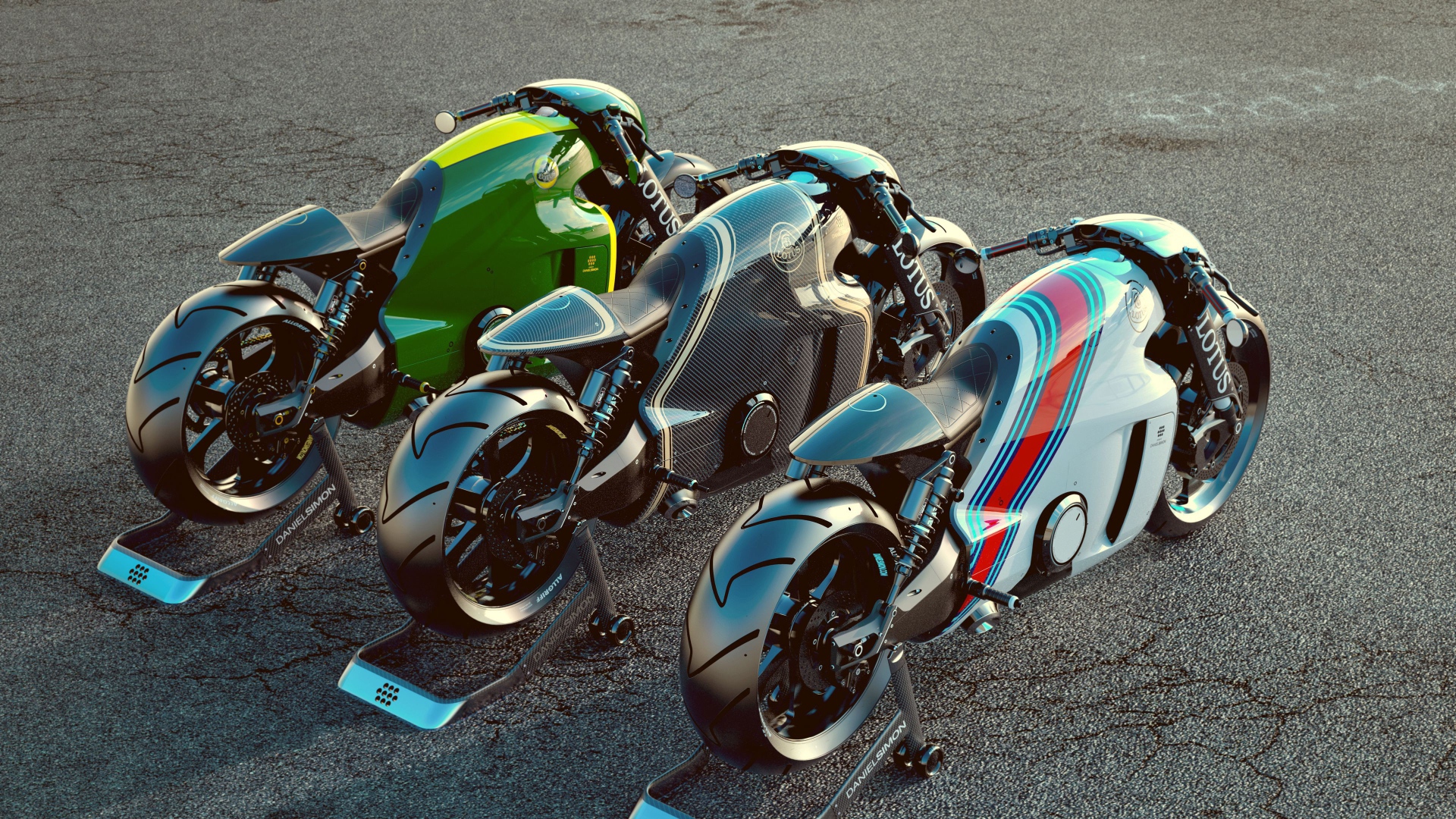 Три мотоцикла Lotus C01 на асфальте 