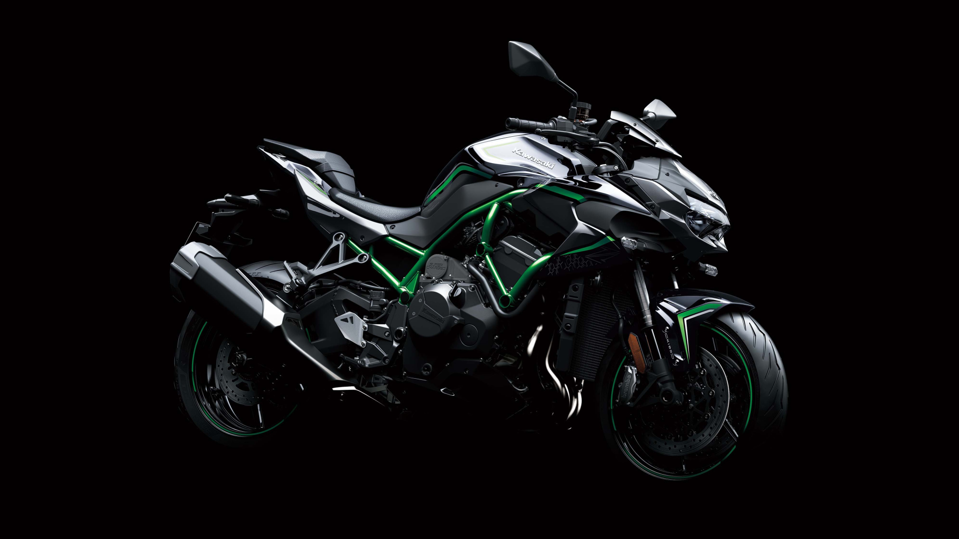 Мотоцикл Kawasaki Z H2  2019 года на черном фоне