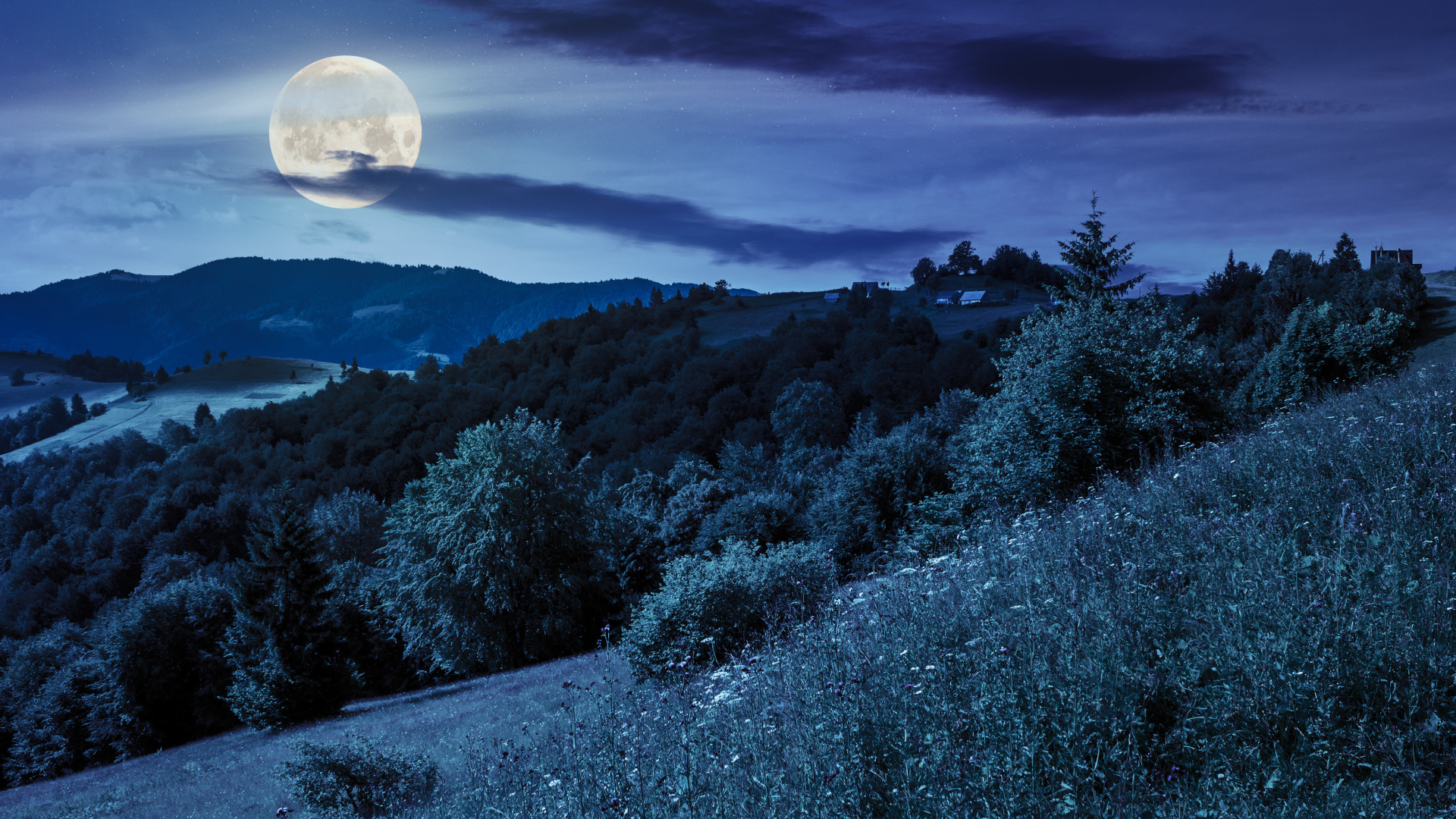 Большая луна в ночном небе над  холмами