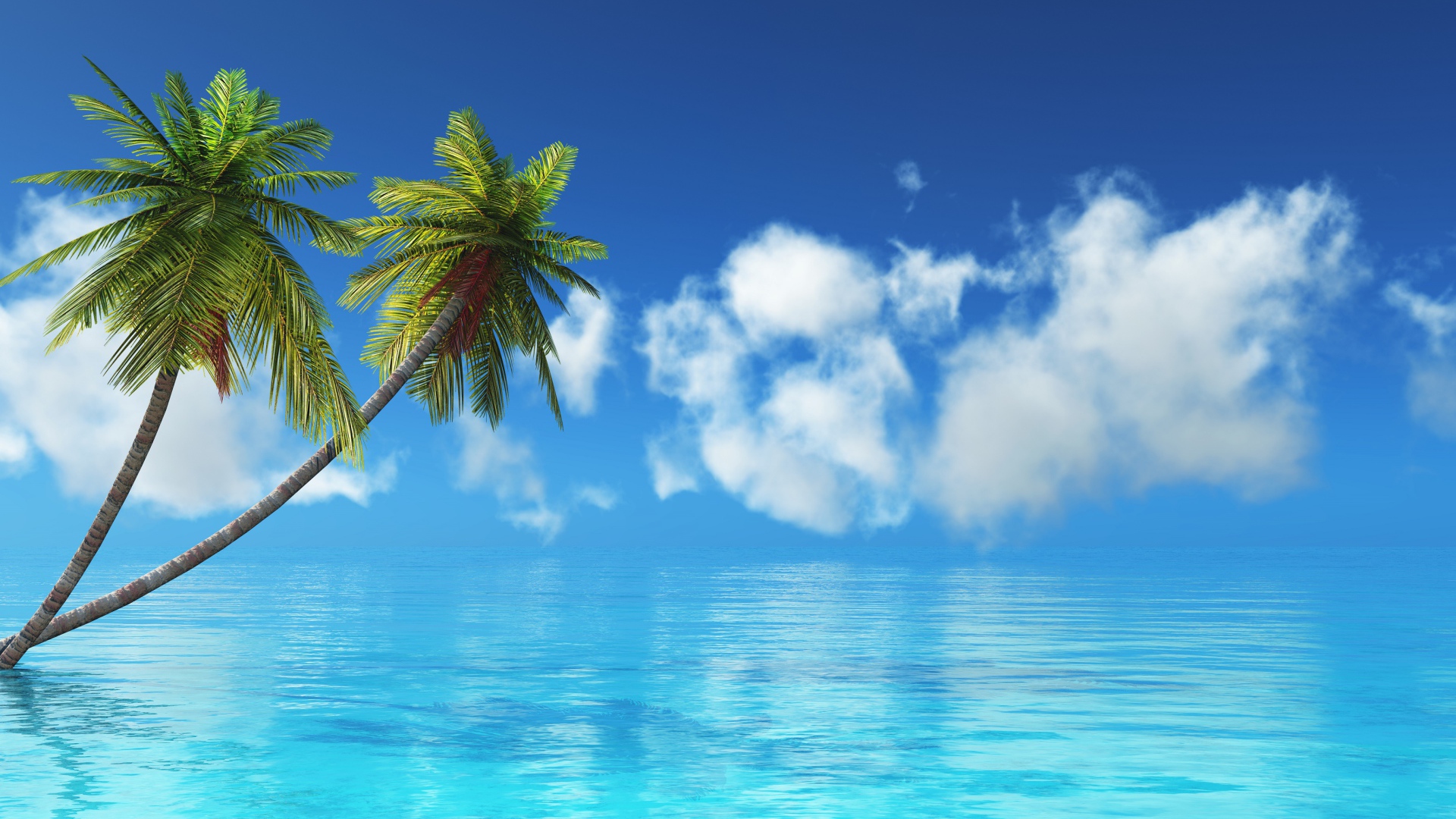 Две пальмы в голубом океане на фоне неба 