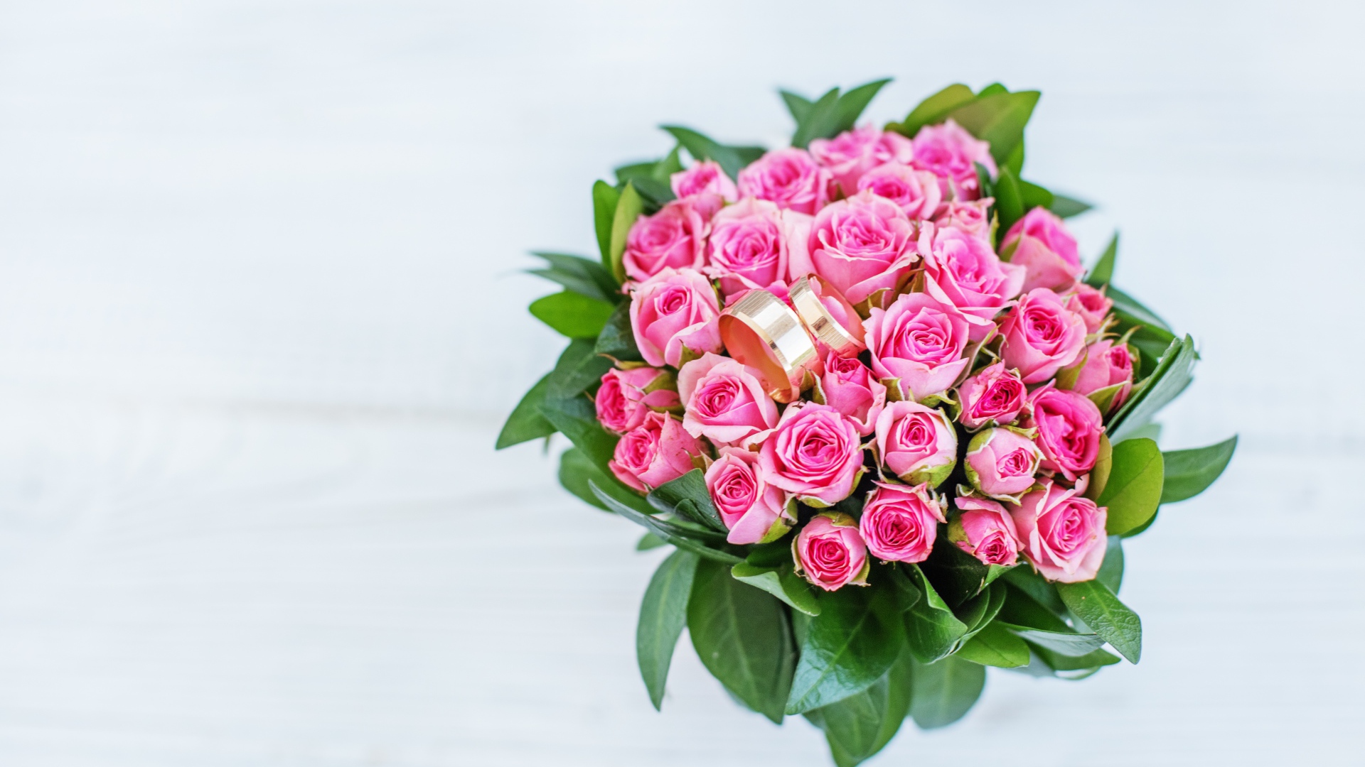 Большой букет розовых роз с золотыми обручальными кольцами