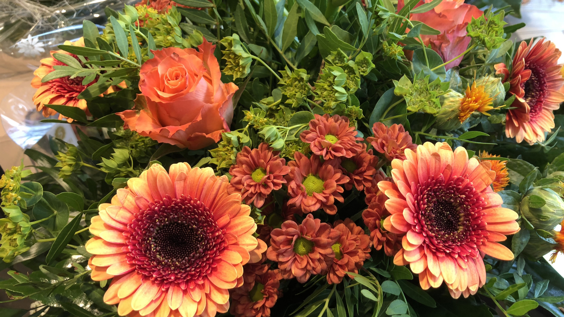 Красивые оранжевые герберы с цветами хризантемы