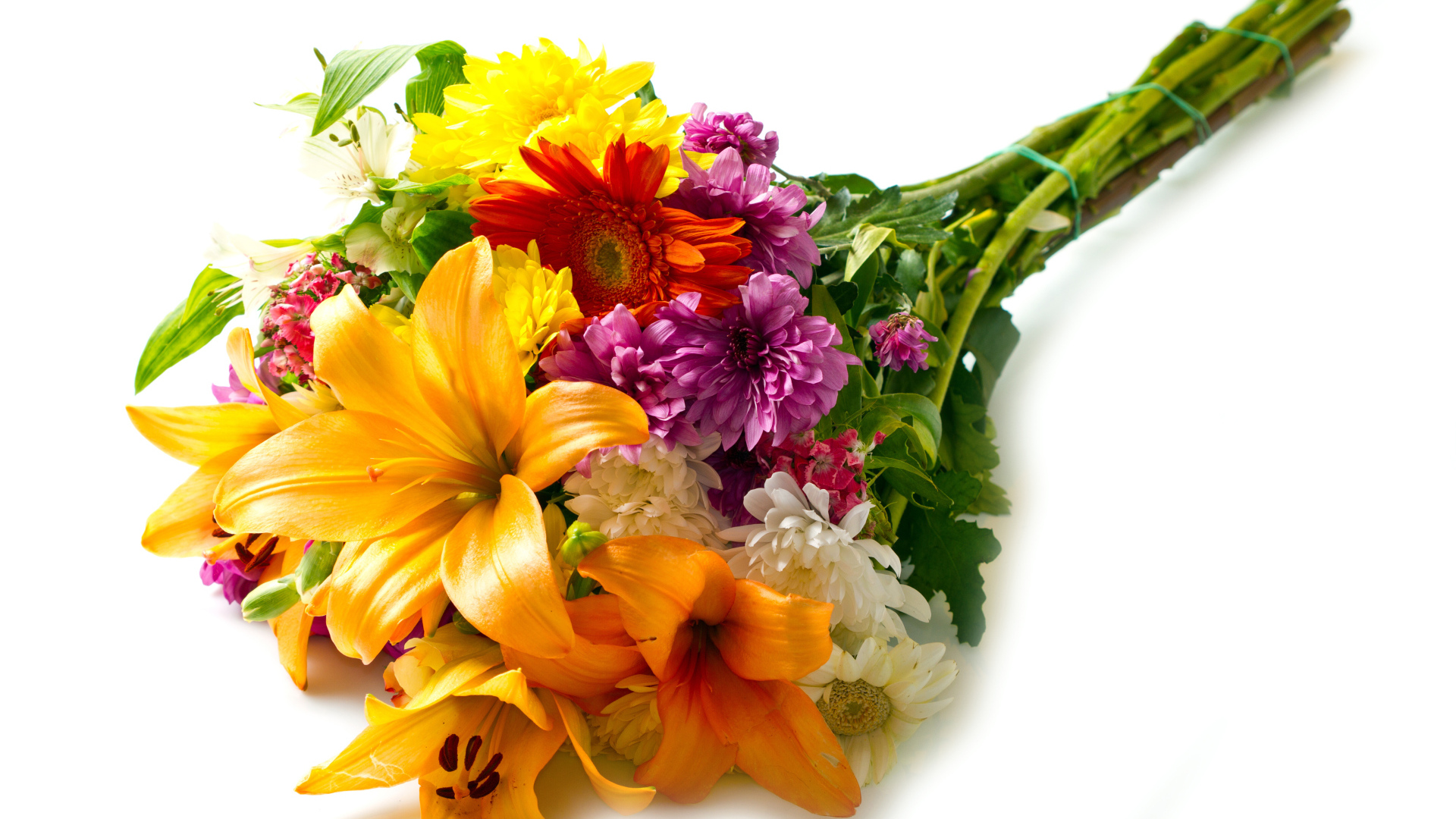 Букет из цветов лилии,герберы и хризантемы на белом фоне