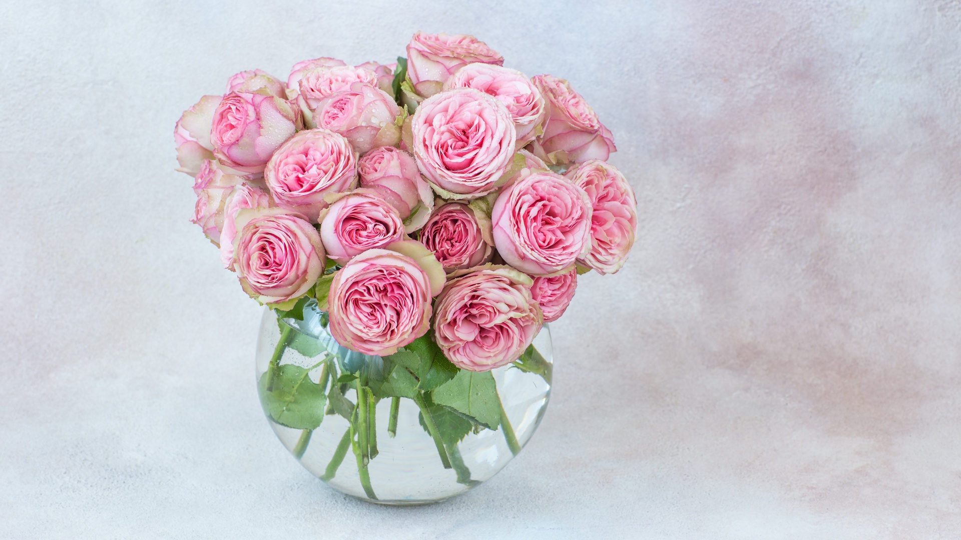 Букет розовых парковых роз в стеклянной вазе