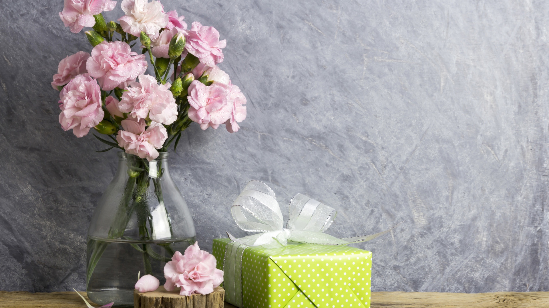 Розовые гвоздики с подарком на сером фоне