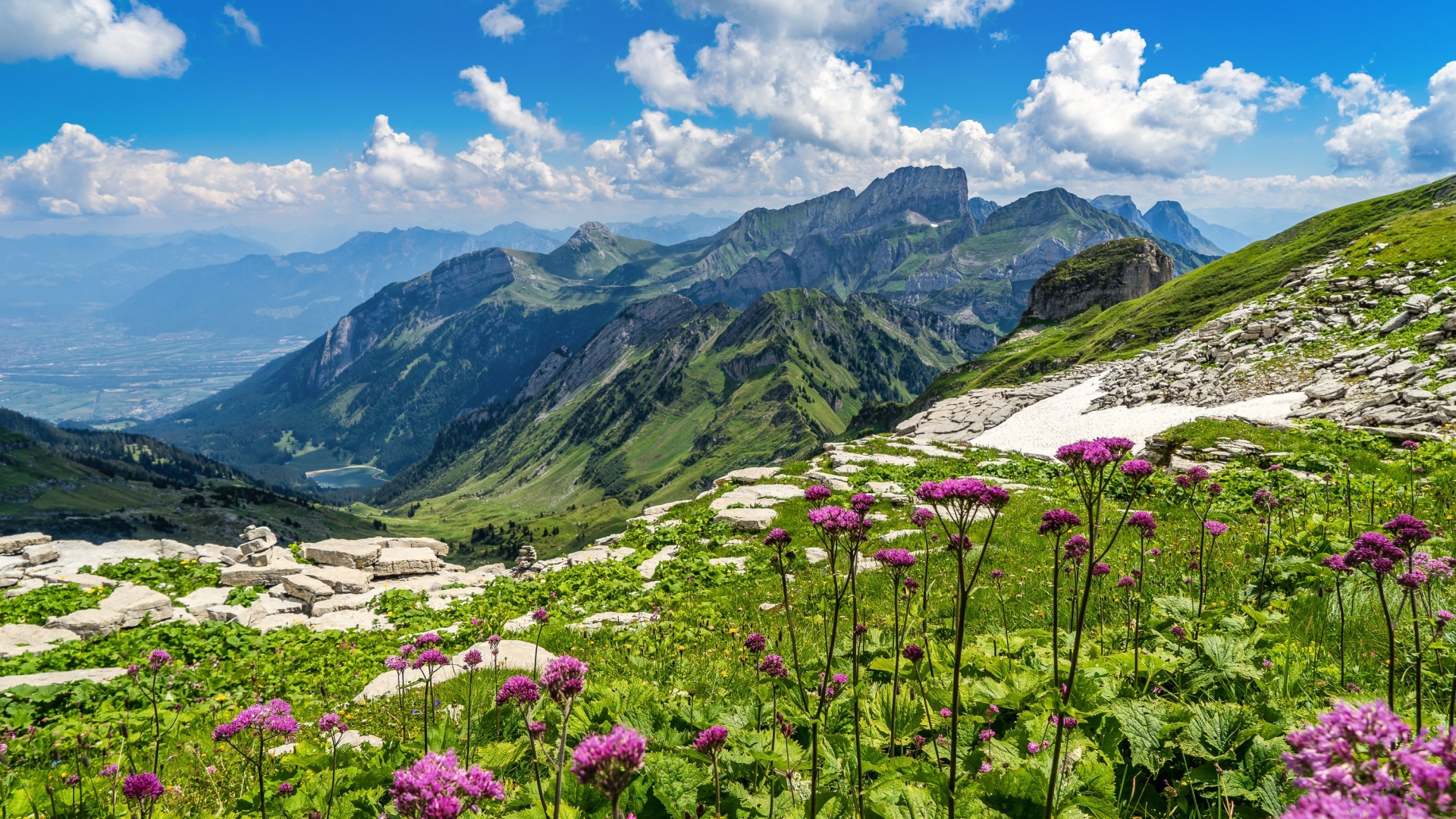 Красивая живописная природа у гор под голубым небом с белыми облаками