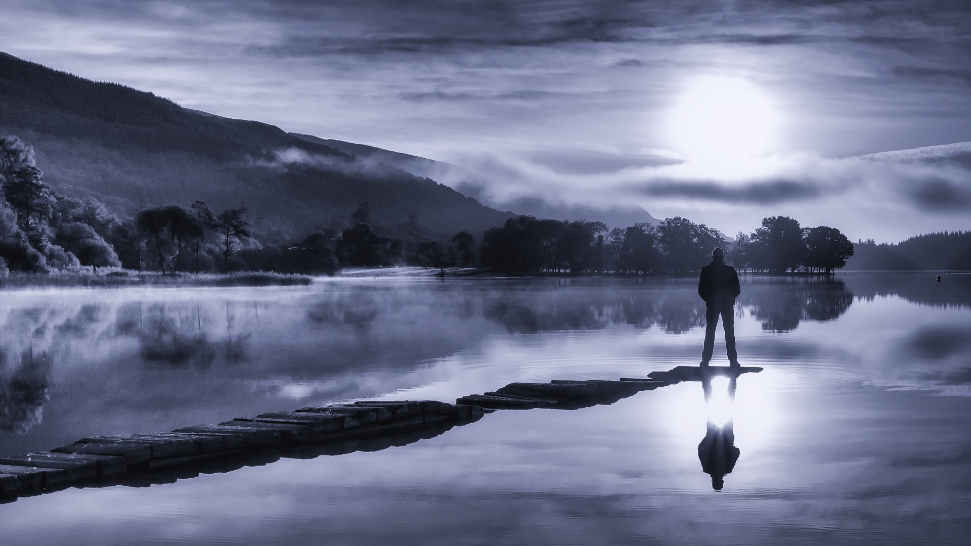 Мужчина стоит на мосту у озера ночью при свете луны