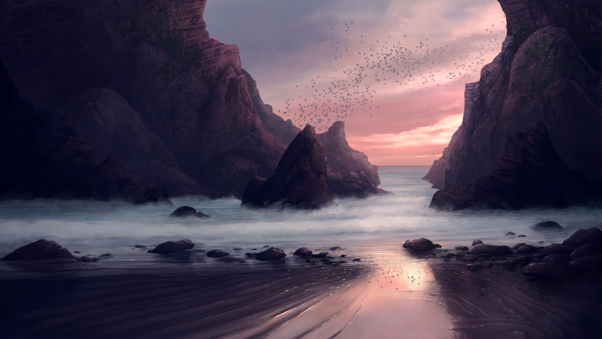A flock of birds flies over the rocks by the sea