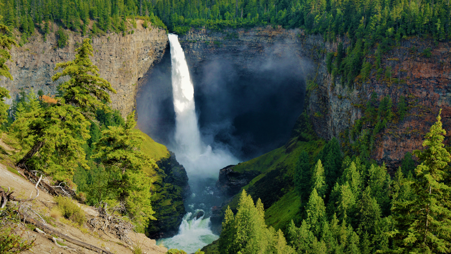 Водопад стекает с утеса в лесу, Канада 