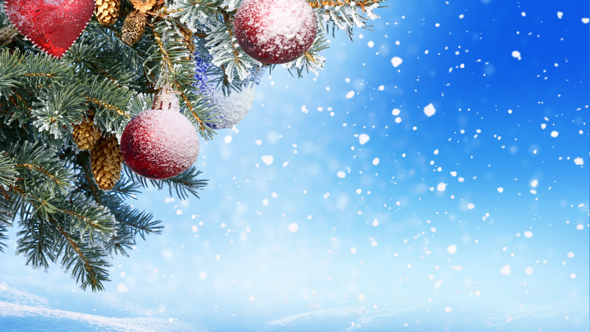 Еловая ветка с игрушками на голубом фоне на Новый год 