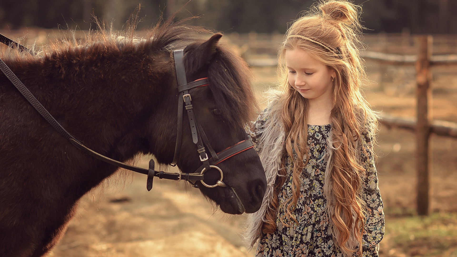 Маленькая девочка с пони на ферме