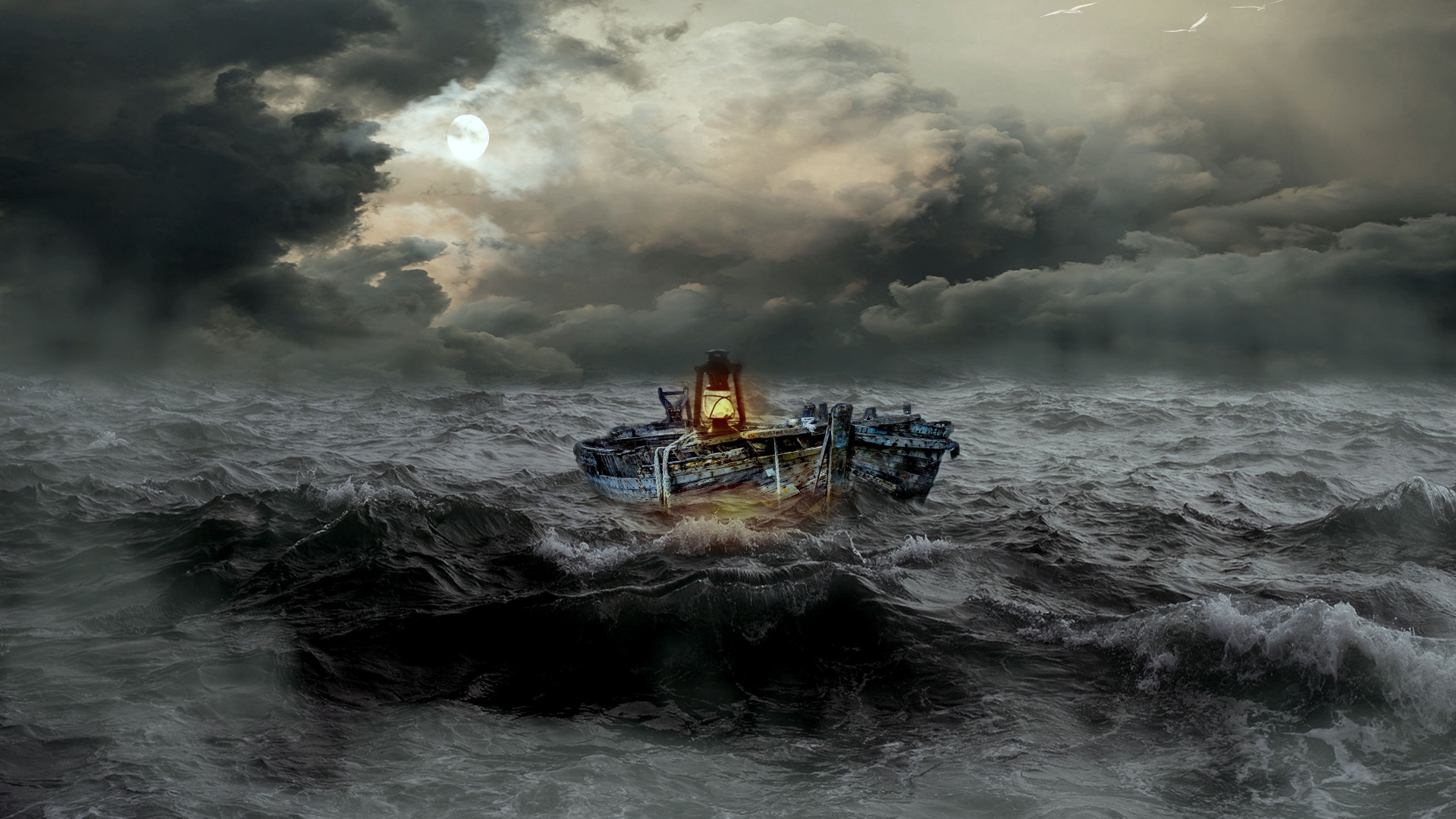 Старая лодка с лампой попала в шторм в море 