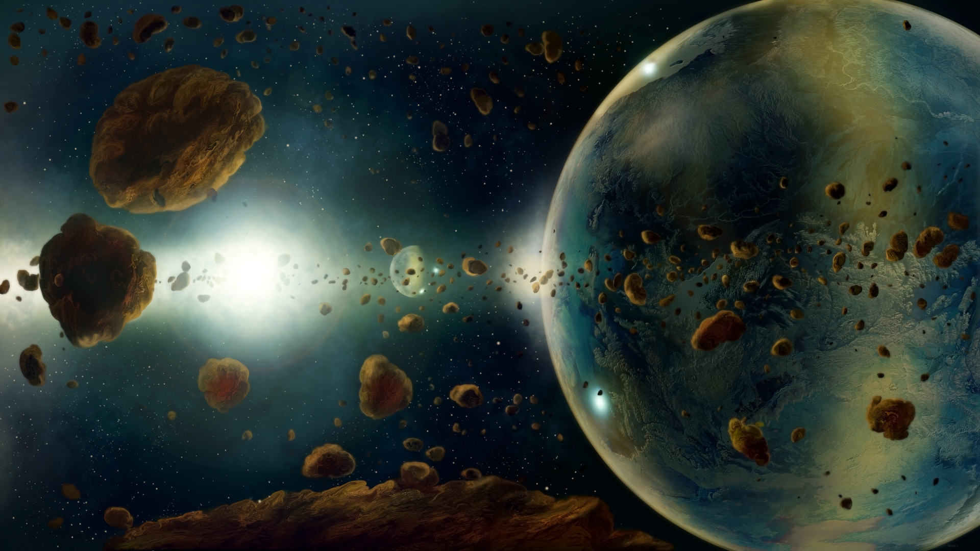 Астероиды в космосе летят к планете Земля 