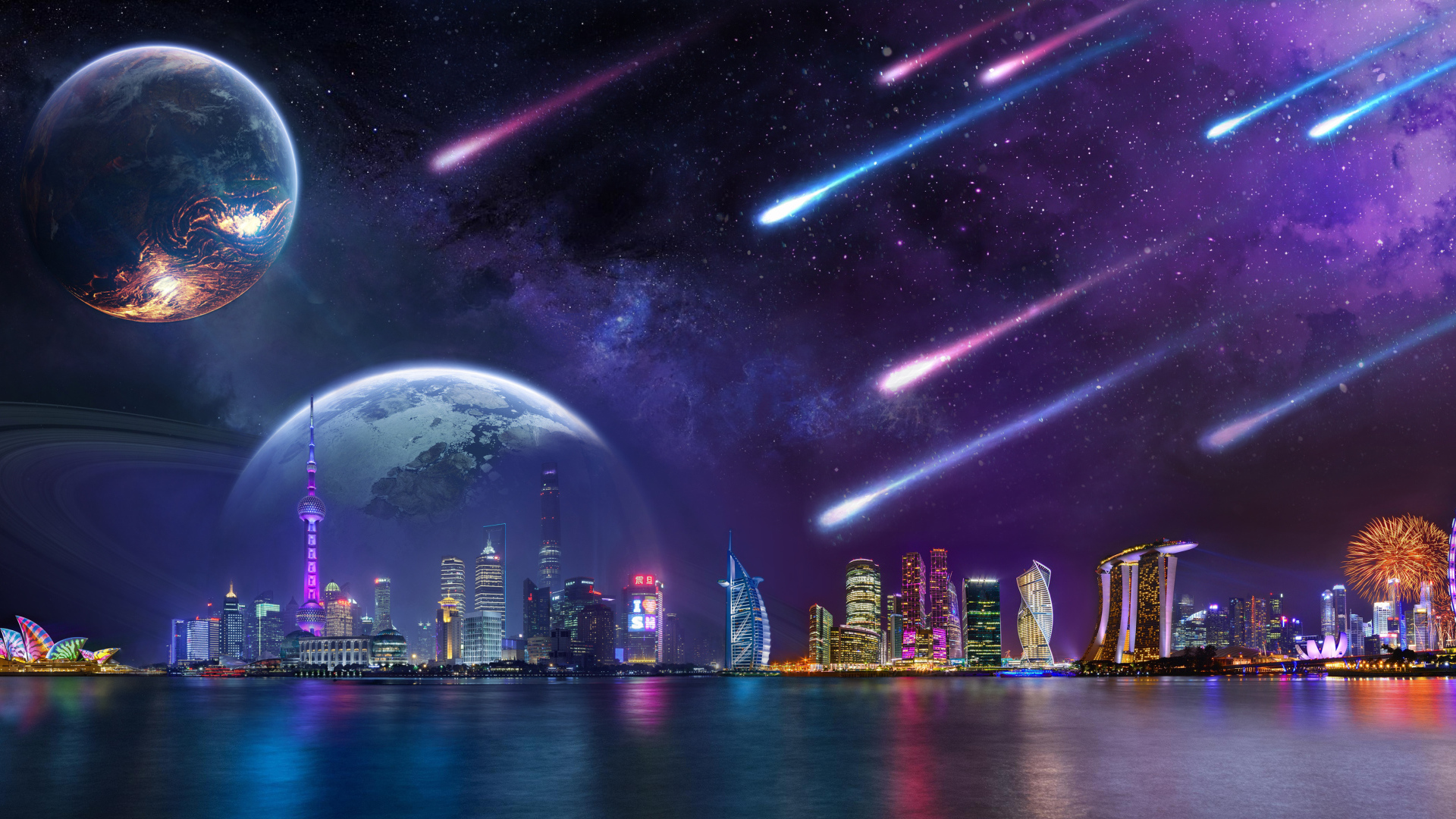 Метеориты в небе с планетами надают на мегаполис ночью