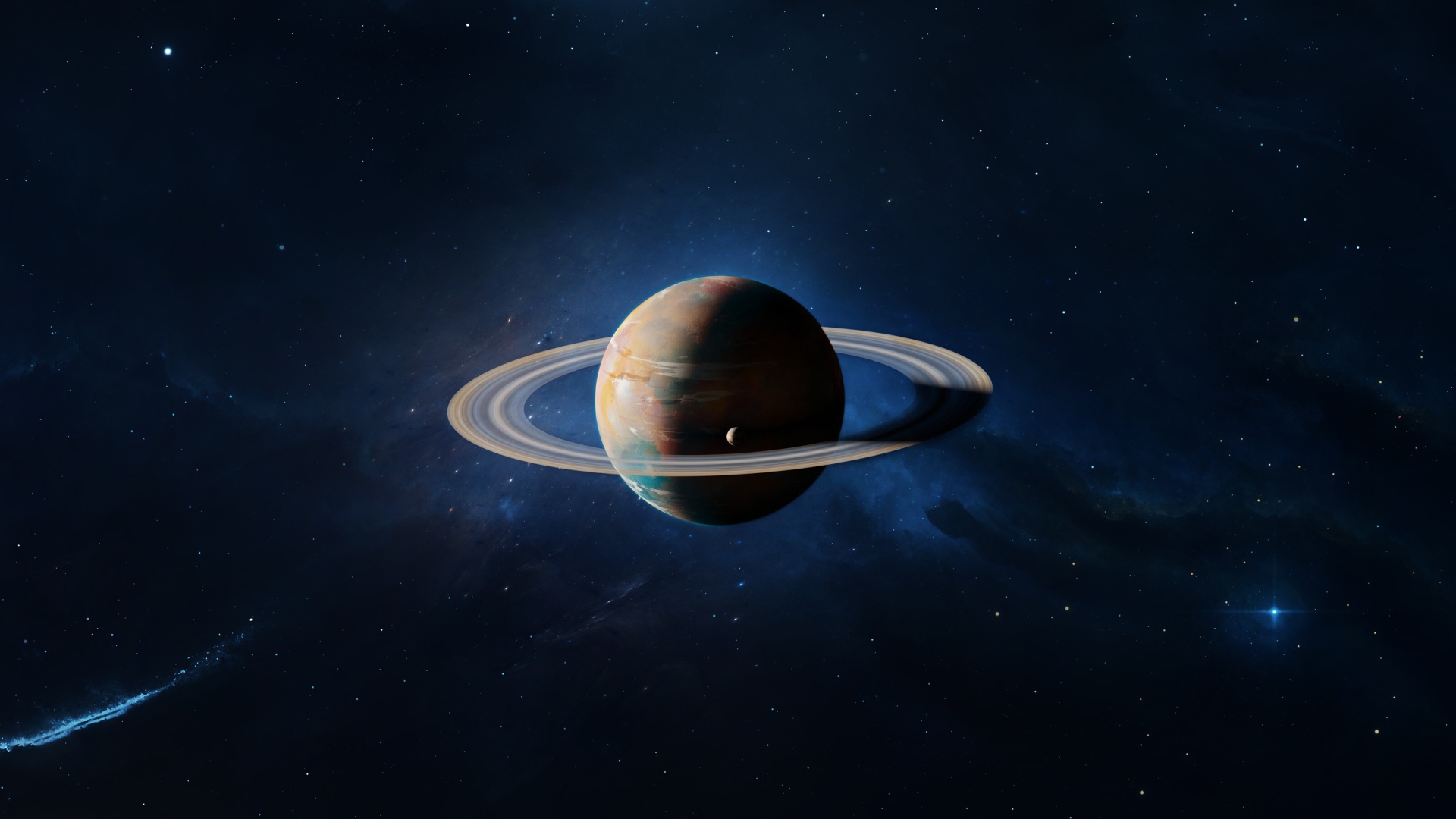 Большая планета Сатурн в голубом космосе 