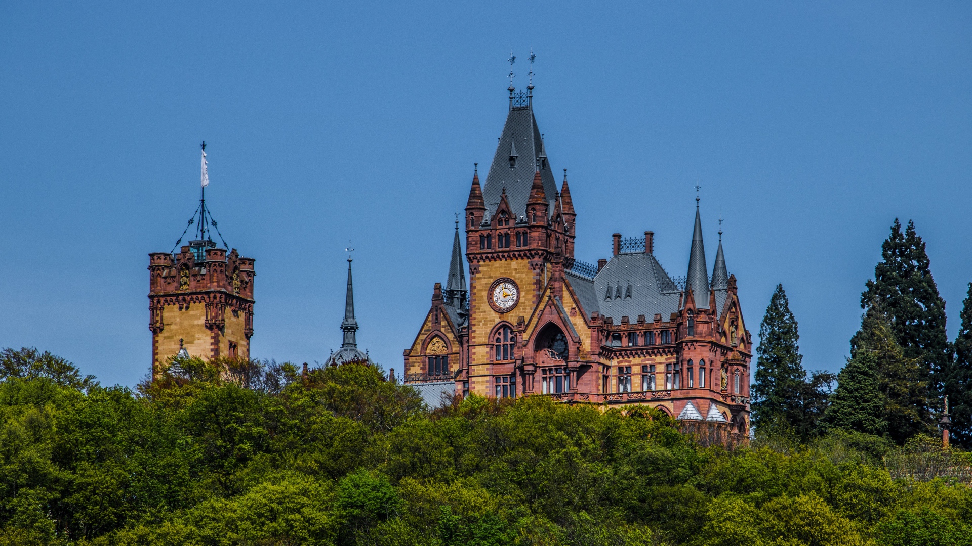 Замок Драхенбург в зарослях деревьев под голубым небом