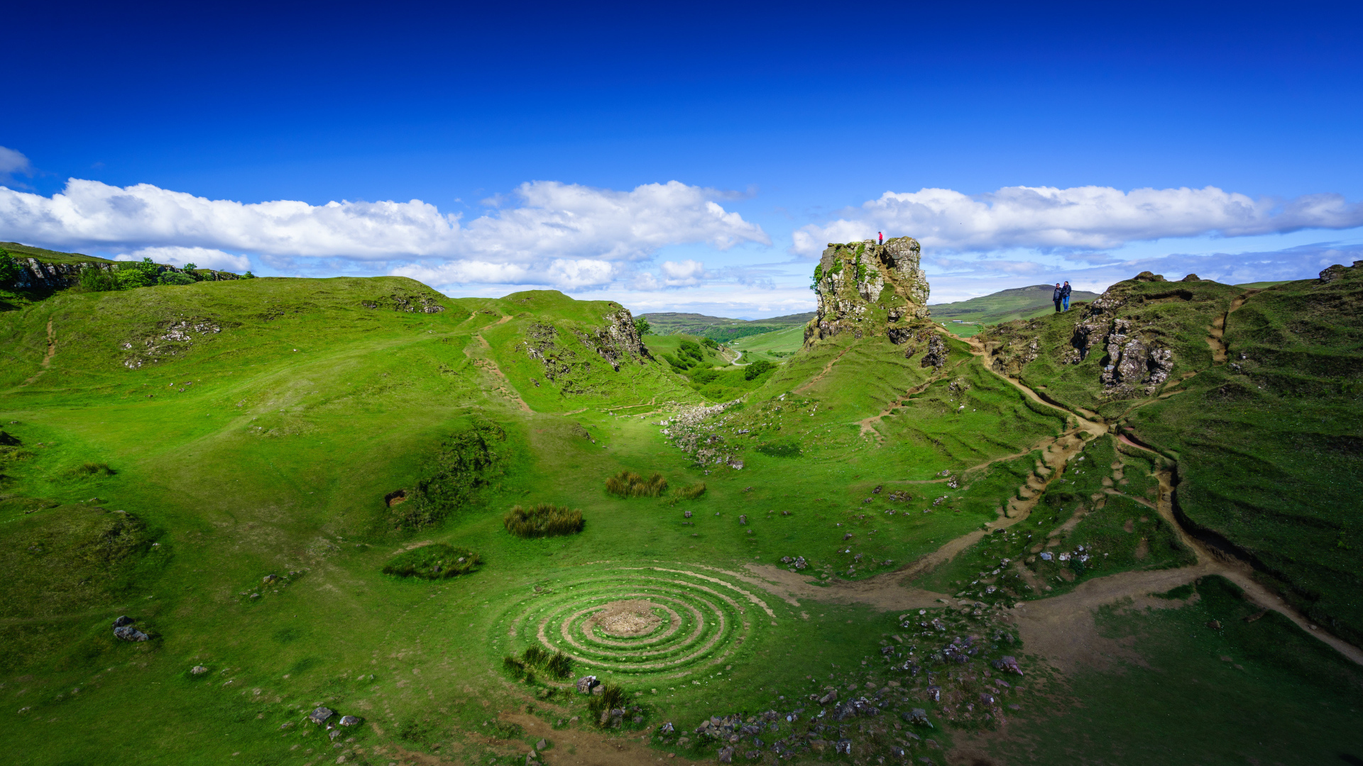 Круги на зеленой траве под голубым небом, Шотландия 