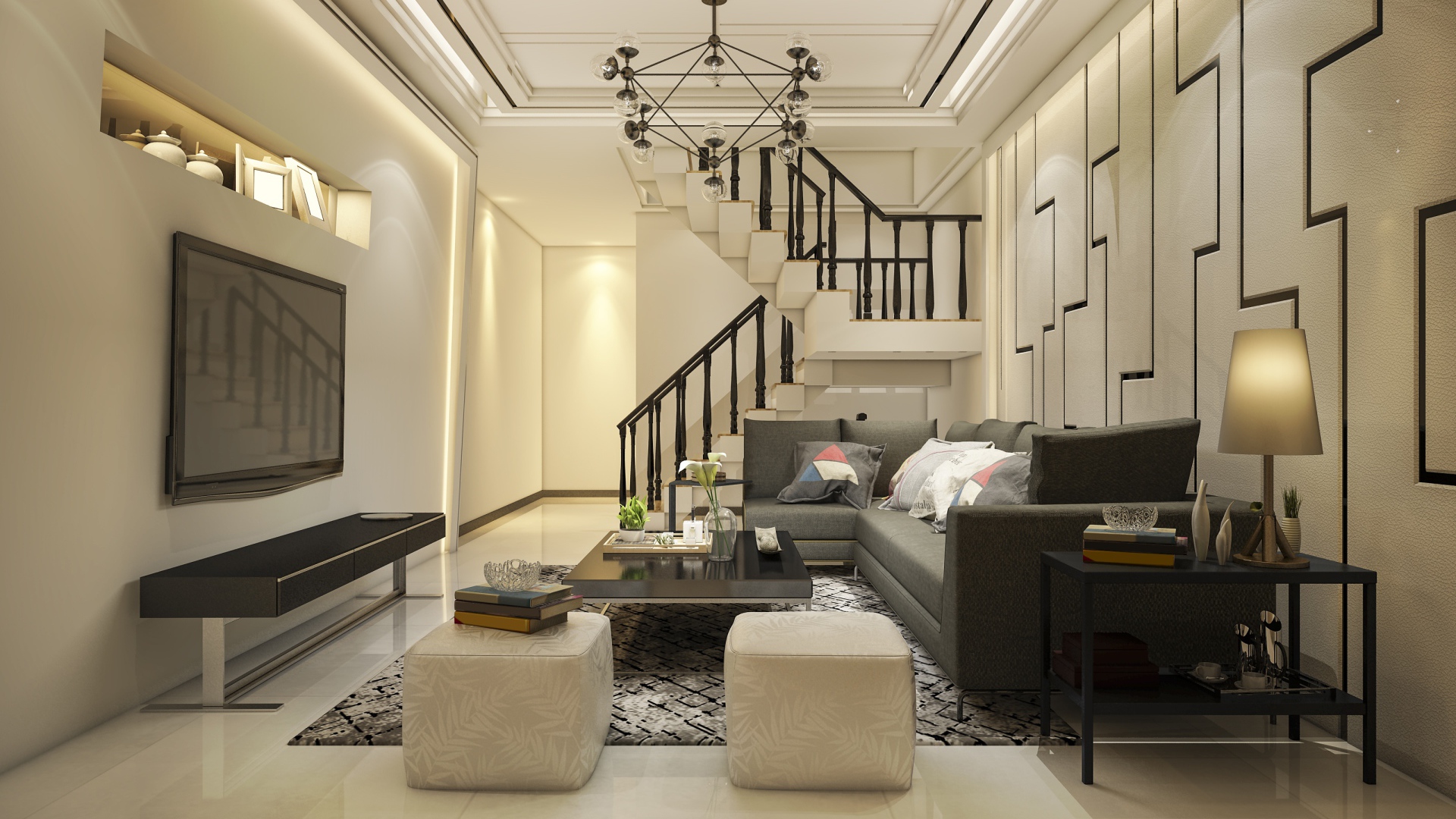 Красивая гостиная комната с большим телевизором и лестницей 