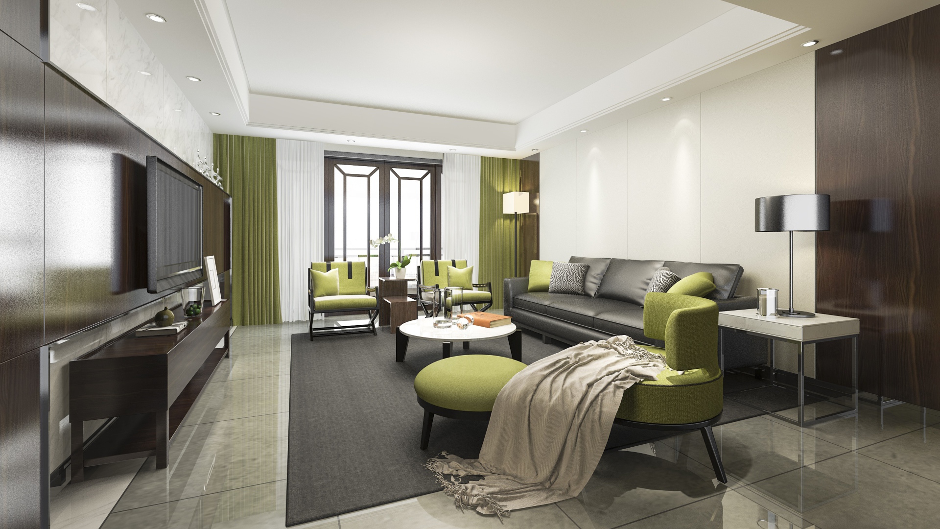 Черный кожаный диван в гостиной комнате 