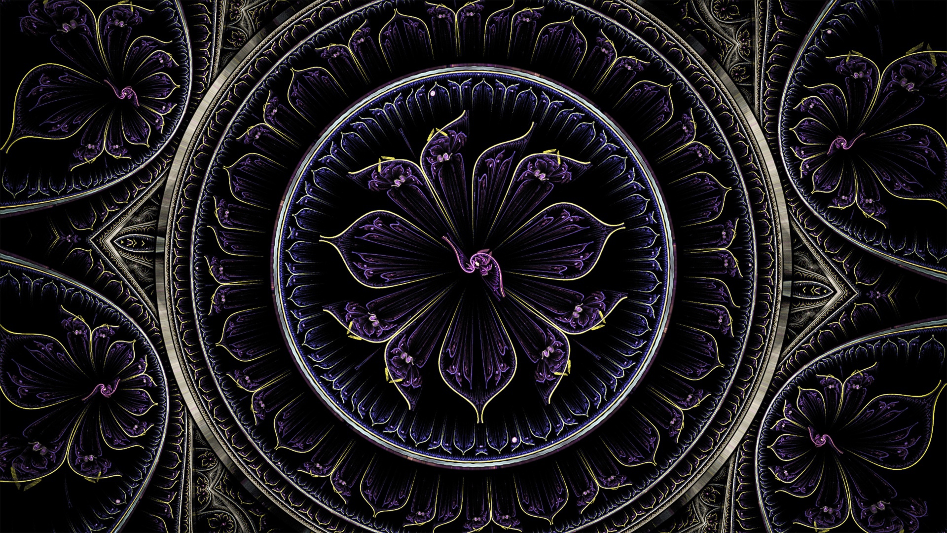 Красивый фиолетовый фрактальный рисунок с золотыми линиями