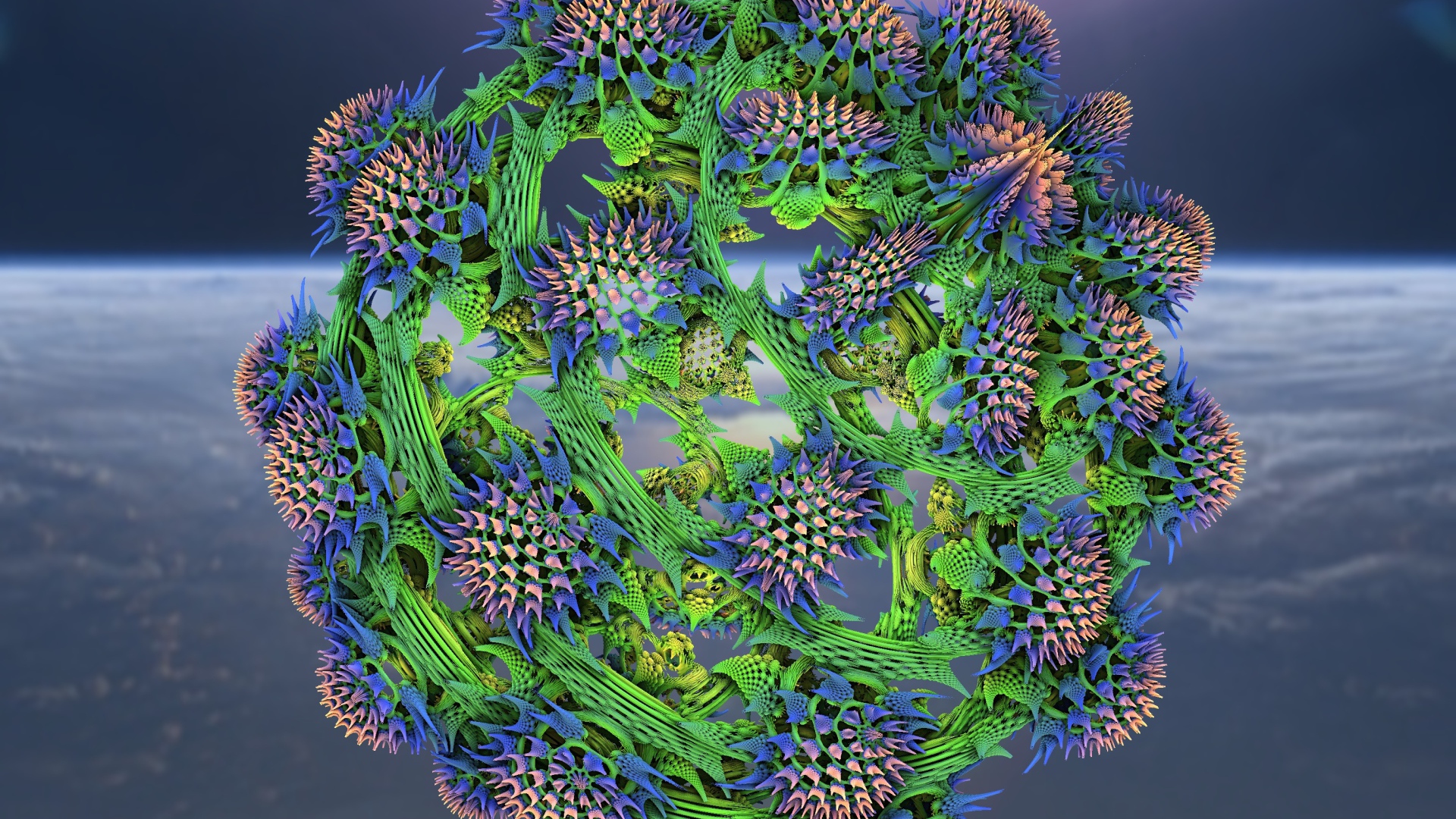 Большой колючий фрактальный цветок на сером фоне