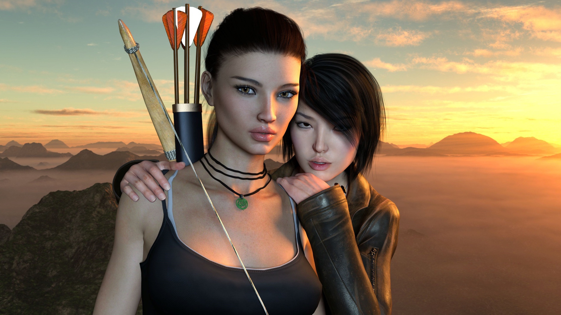 Two 3d girls with a bow and arrow