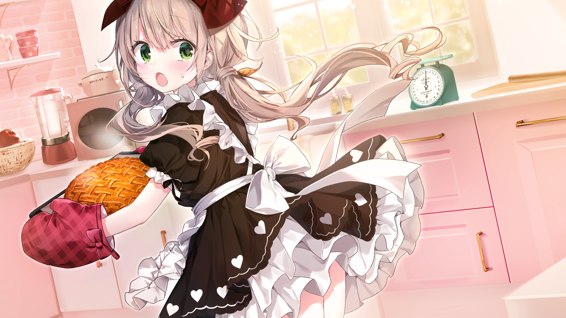 Anime girl in the kitchen with pie