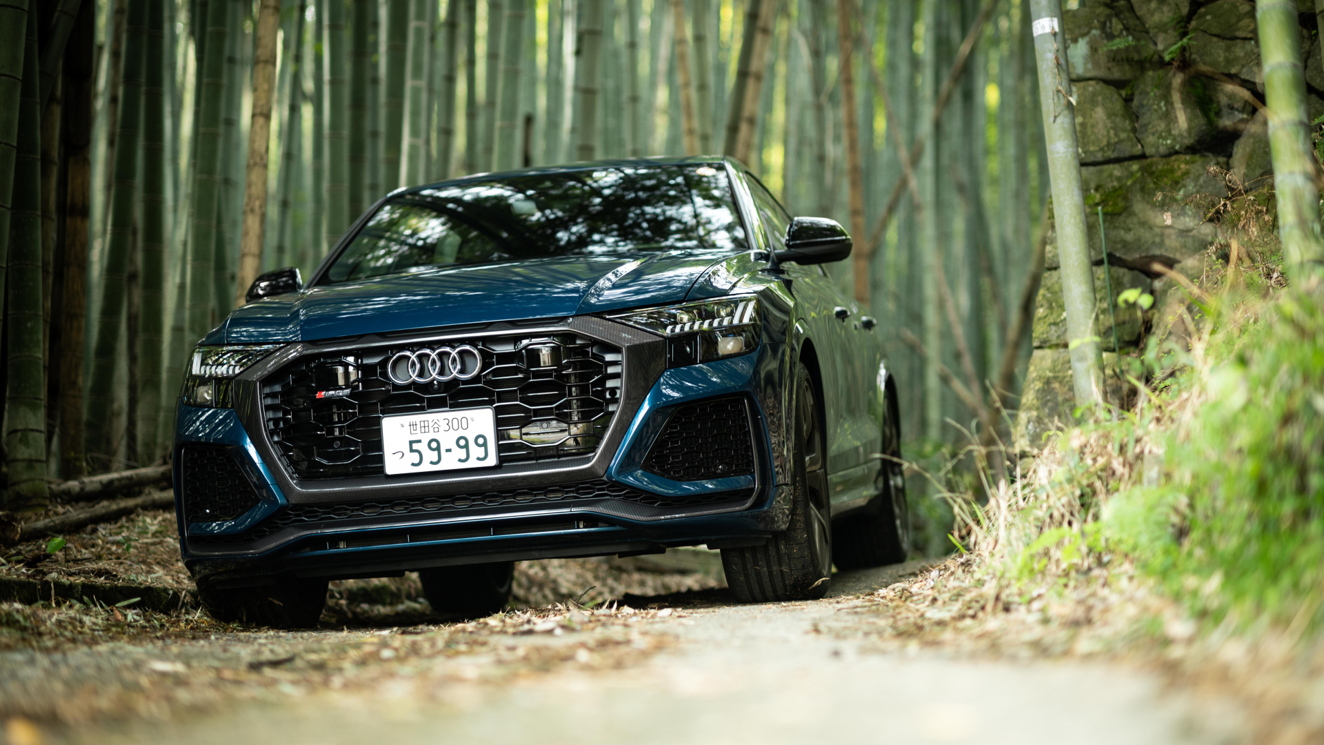 Автомобиль Audi RS Q8 2021 года в лесу