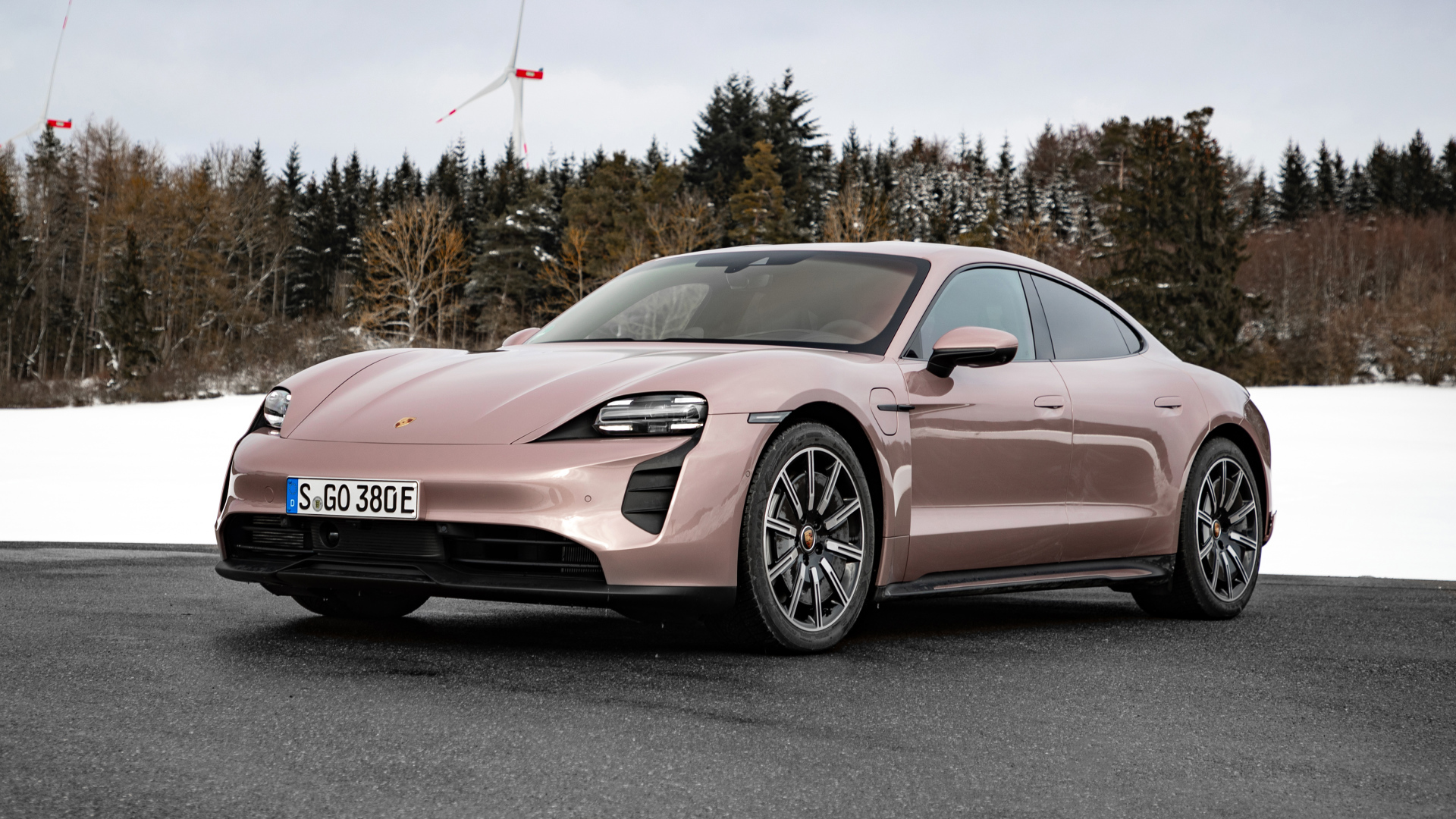 Автомобиль  Porsche Taycan 2021 года на фоне леса