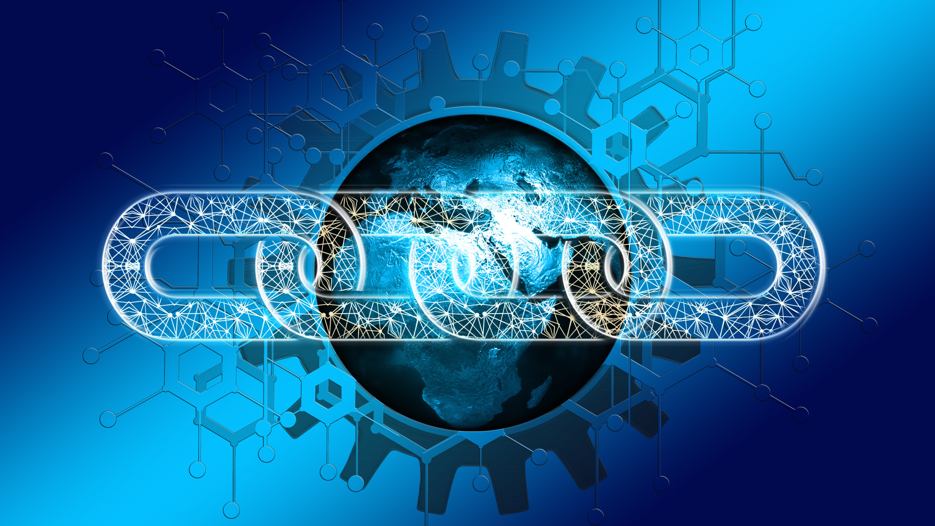 Информационная цепь с планетой земля на синем фоне 