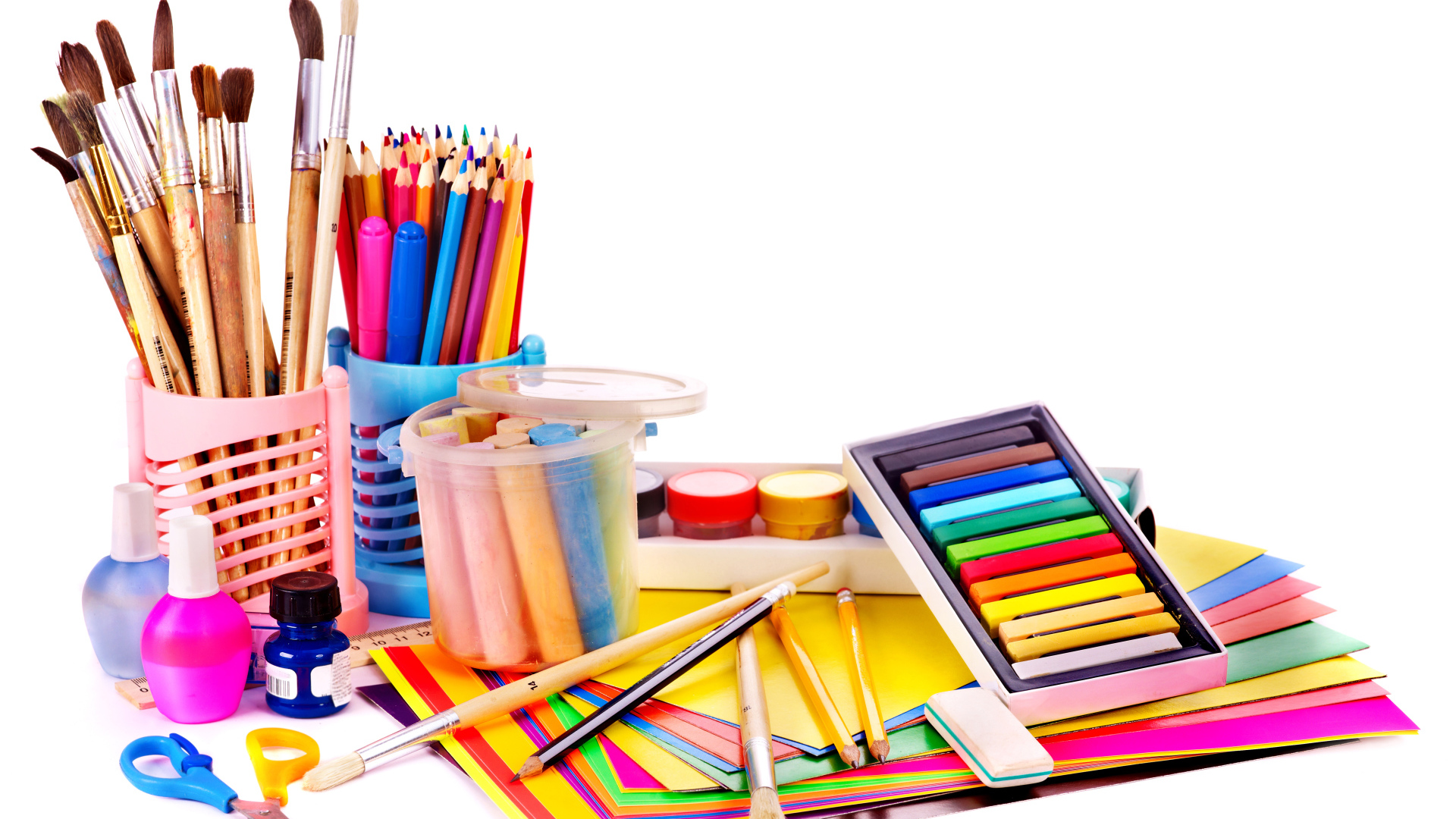 Many multi-colored objects for painting on a white background