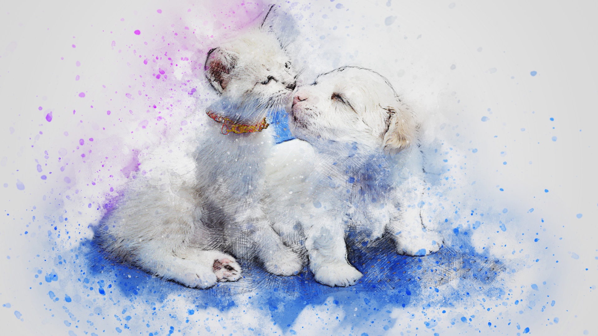 Нарисованные котенок и щенок на сером фоне