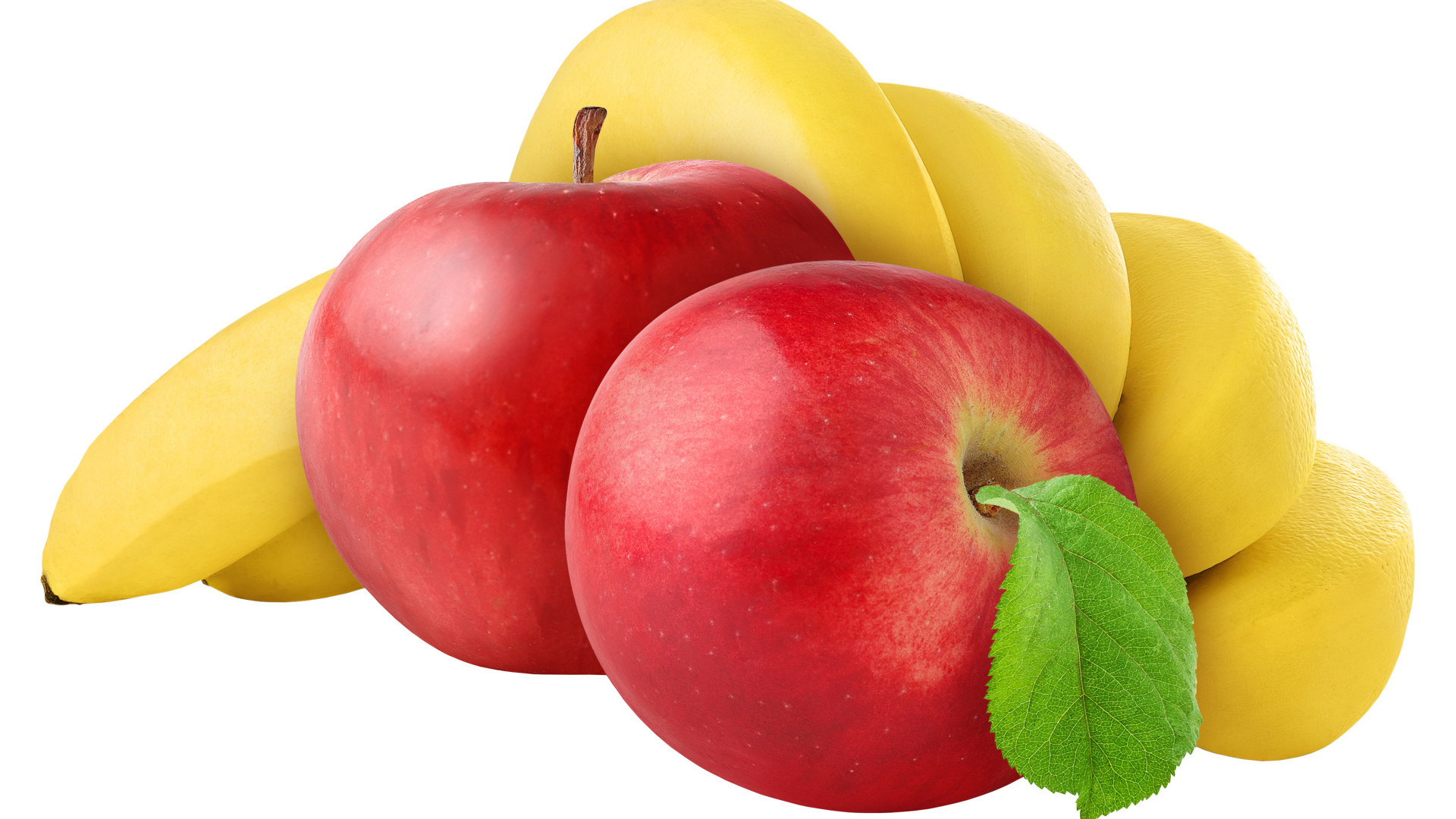 Два красных яблока с бананами на белом фоне