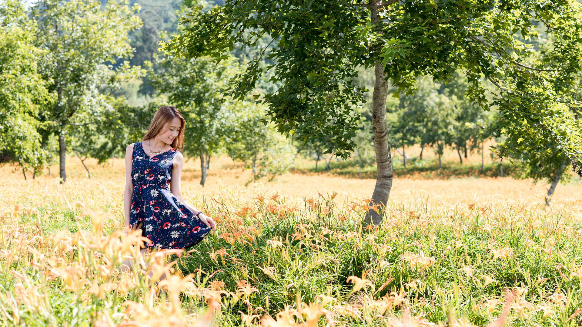 Красивая азиатка гуляет по высокой траве