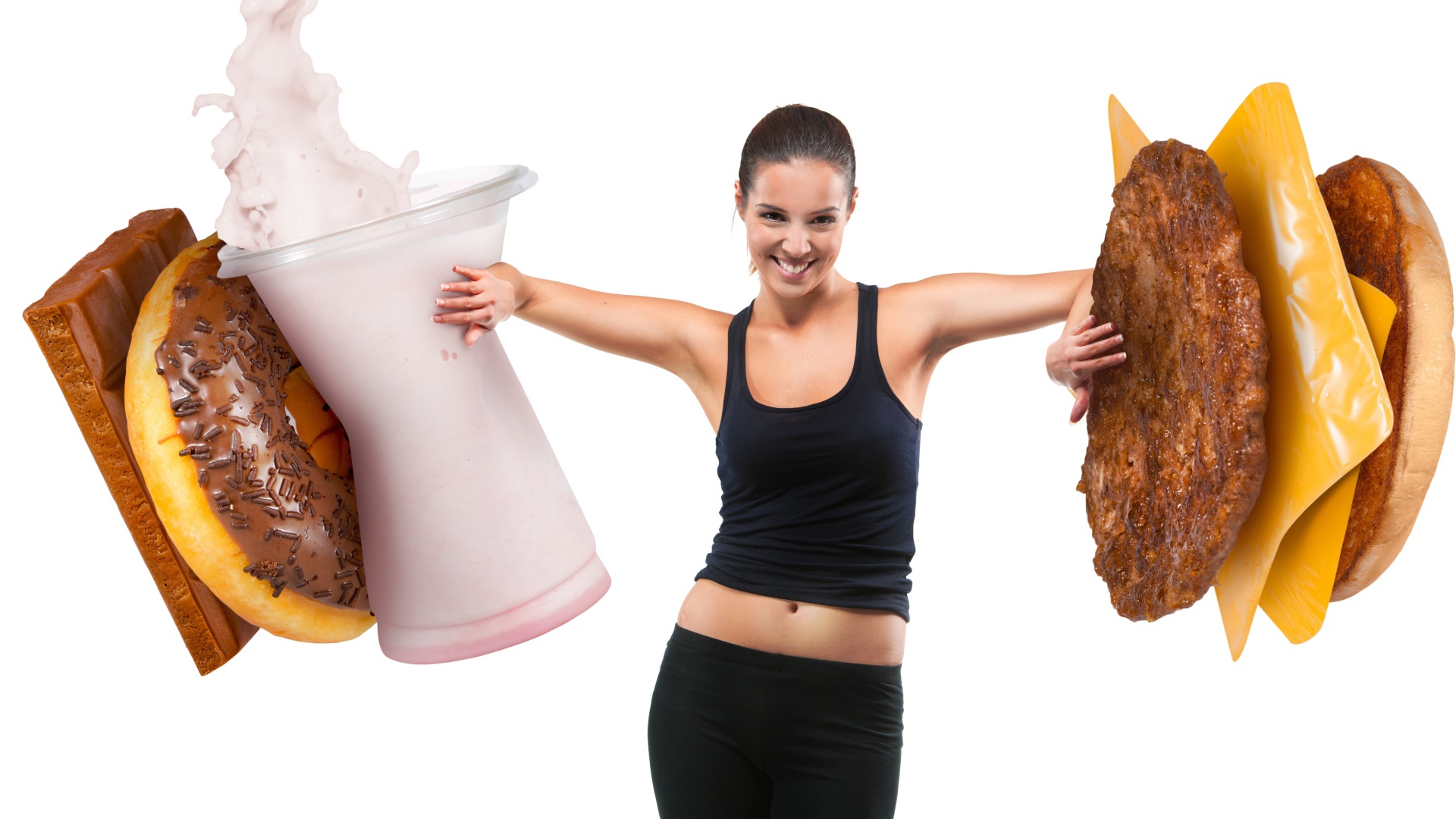 Девушка откидывает гамбургеры на белом фоне 