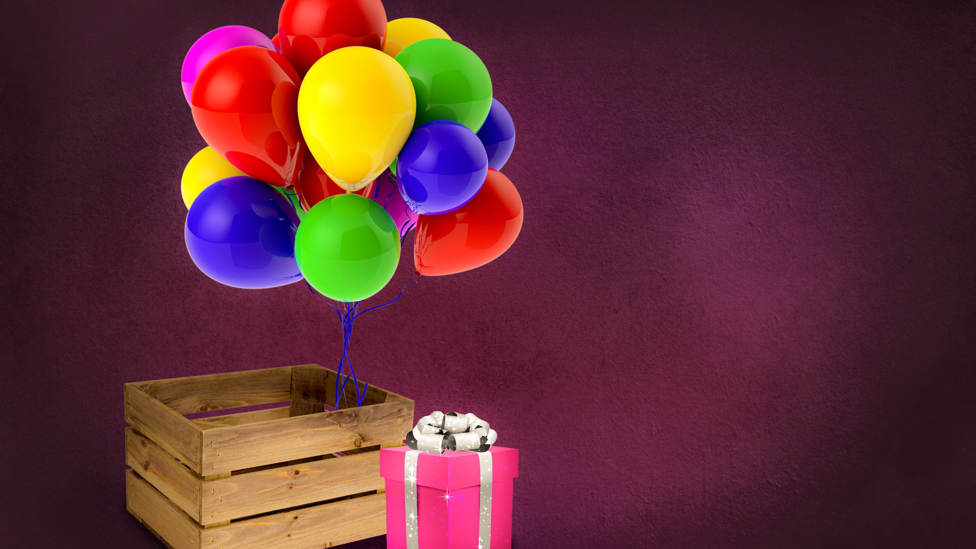 Деревянный ящик с подарком и шариками 