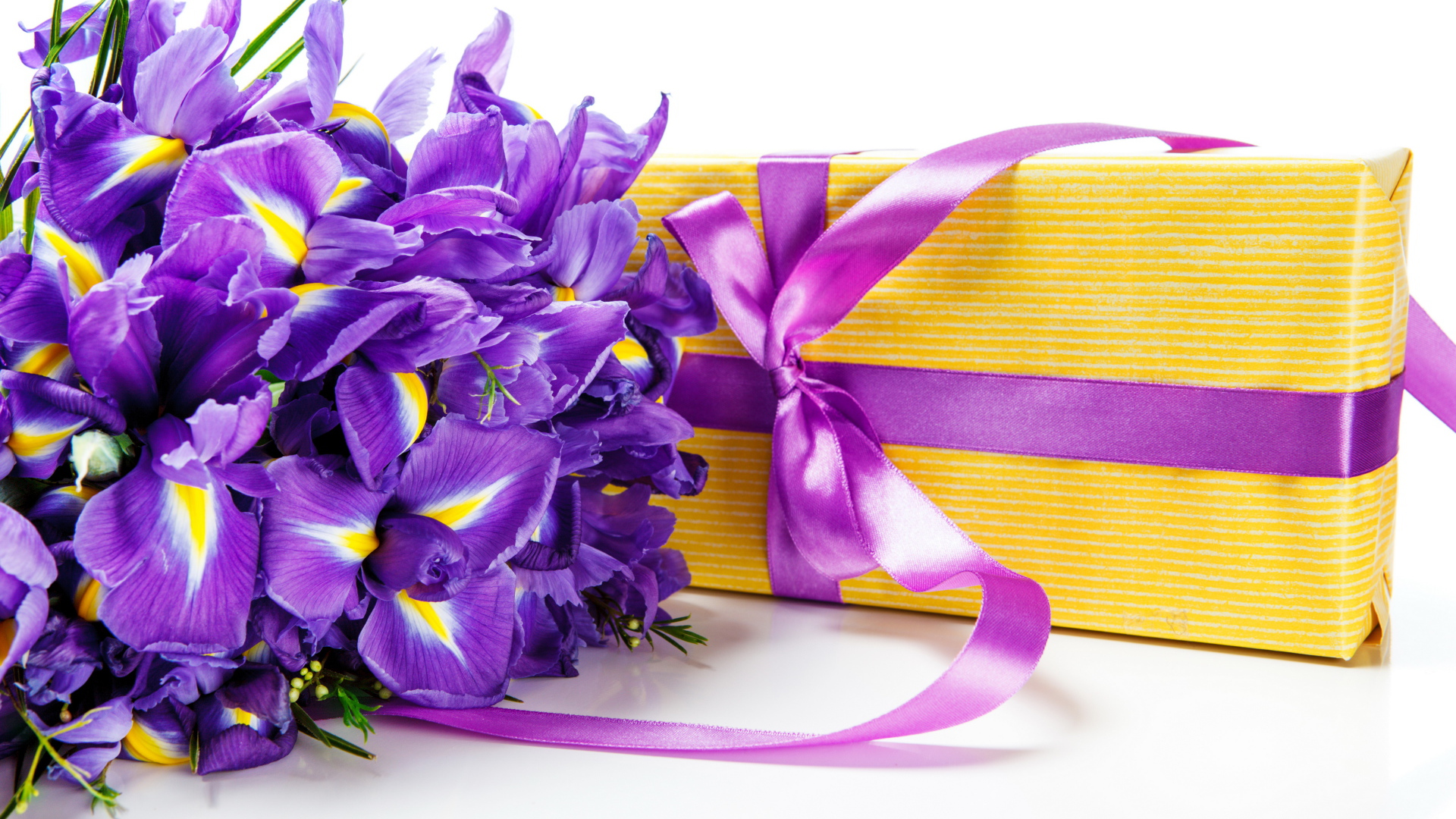 Цветы ириса и подарок на белом фоне на 8 марта