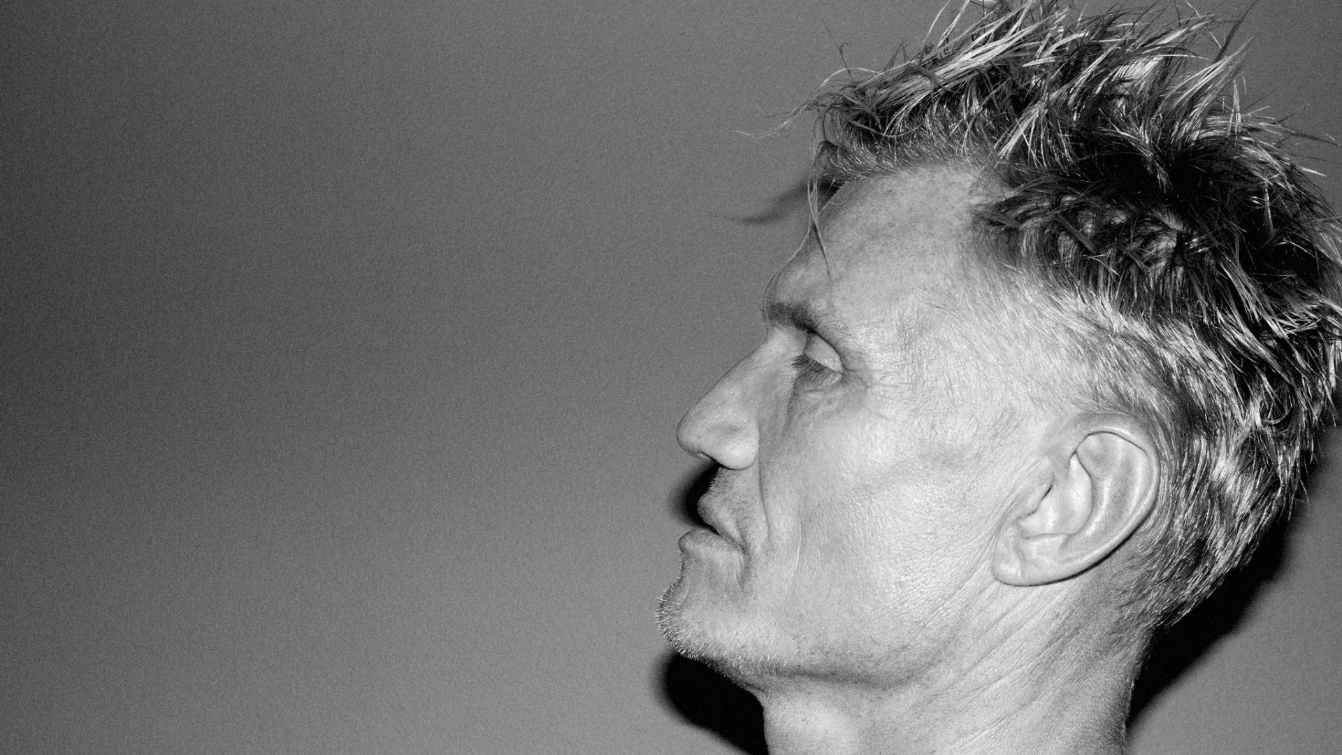 Лицо актера Дольфа Лундгрена боком на сером фоне