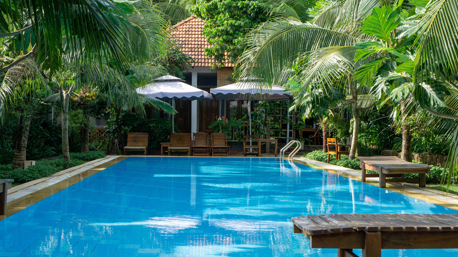 Бассейн с голубой водой у дома под пальмами