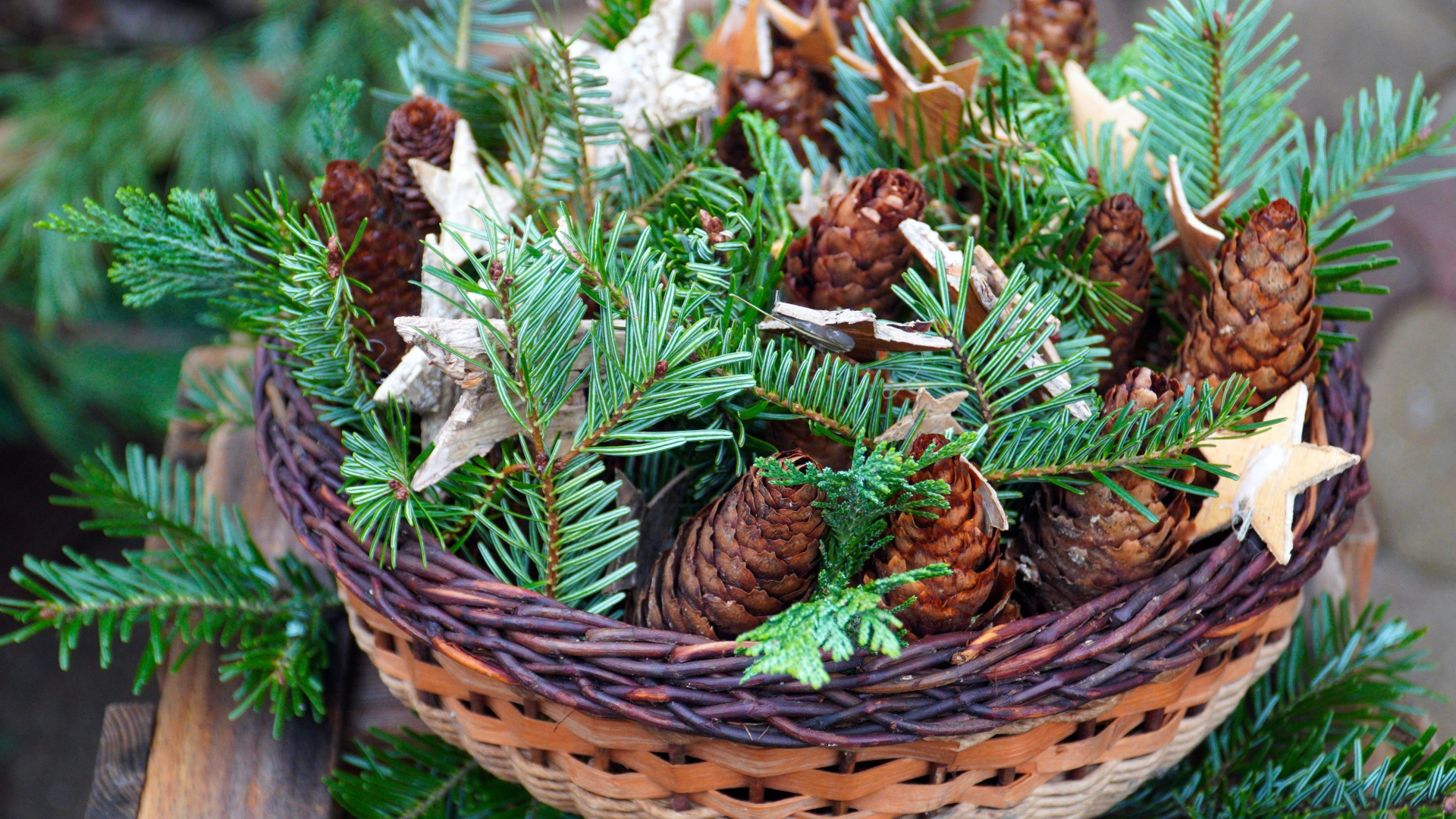 Шишки с ветками ели в корзине 