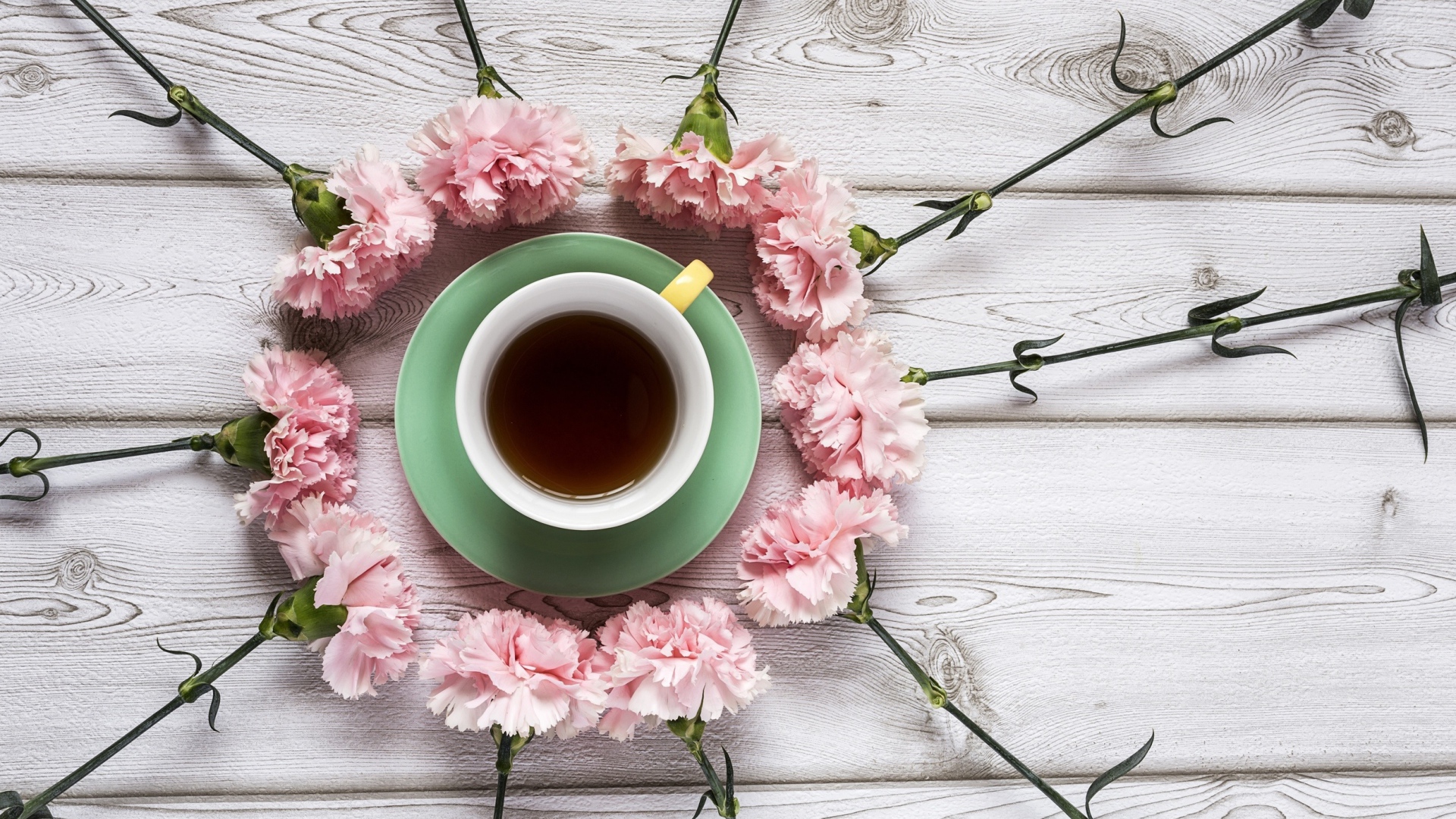 Розовые гвоздики с чашкой чая на деревянном столе 