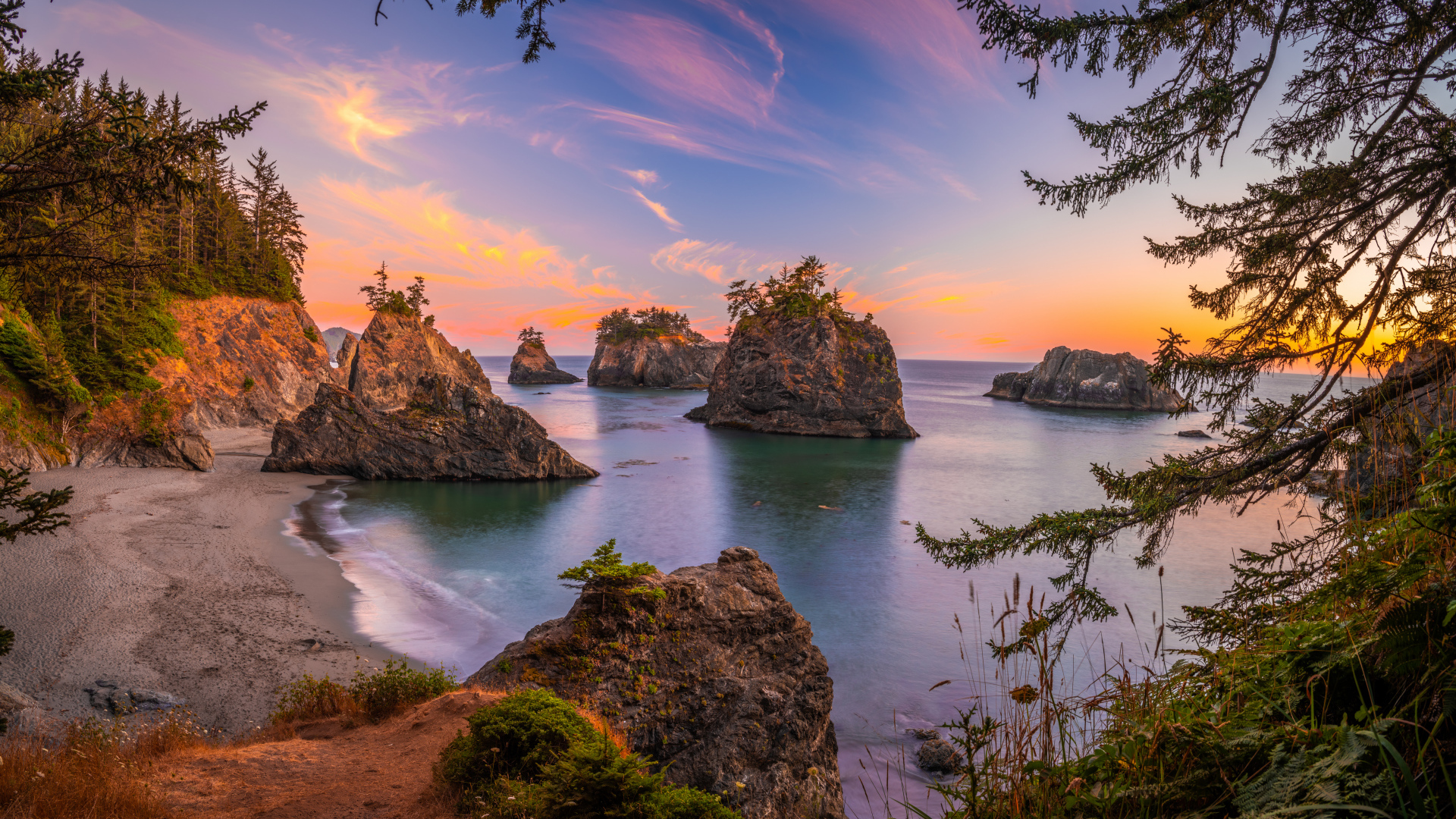 Каменные глыбы с деревьями на побережье в воде 